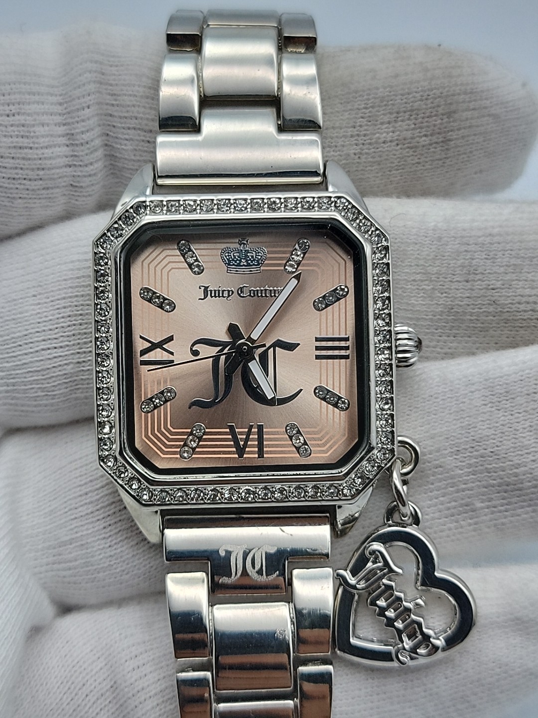 Juicy Couture Women Watch 28mm Octagon Peach Dial Silver Tone Band 7″ , Runs