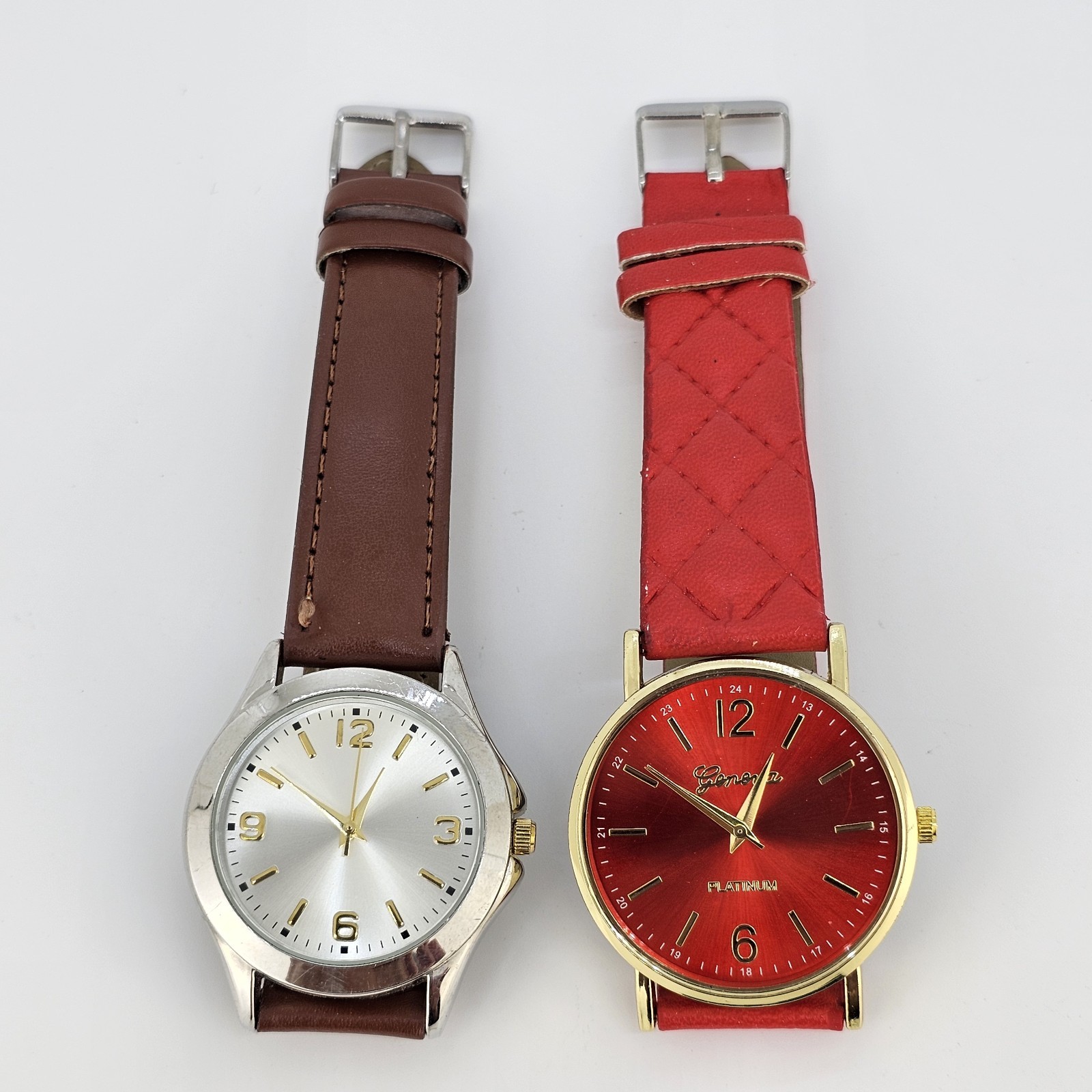 2X Women’s Analog Watches Gold Red Dial Brown Red Faux Leather Bands New Battery