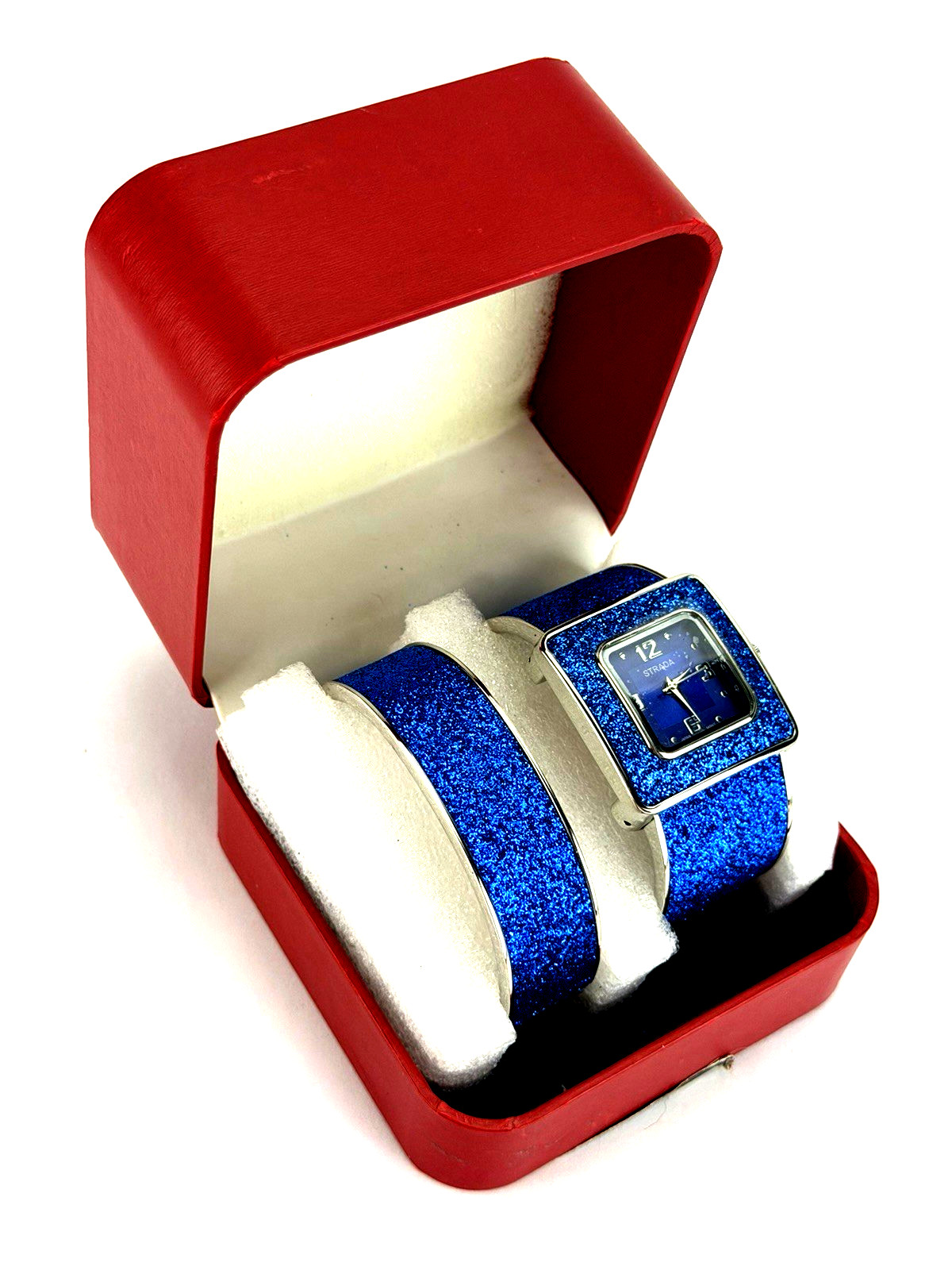 Strada Blue Stardust Watch Set w Glitter Cuff Bracelet and Gift Box NEW BATT
