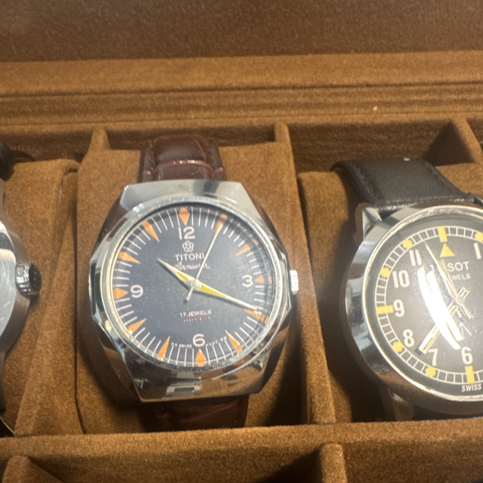 Titoni Airmaster Manual 17J Wristwatch Black/Orange Dial Arabic Brown Leather