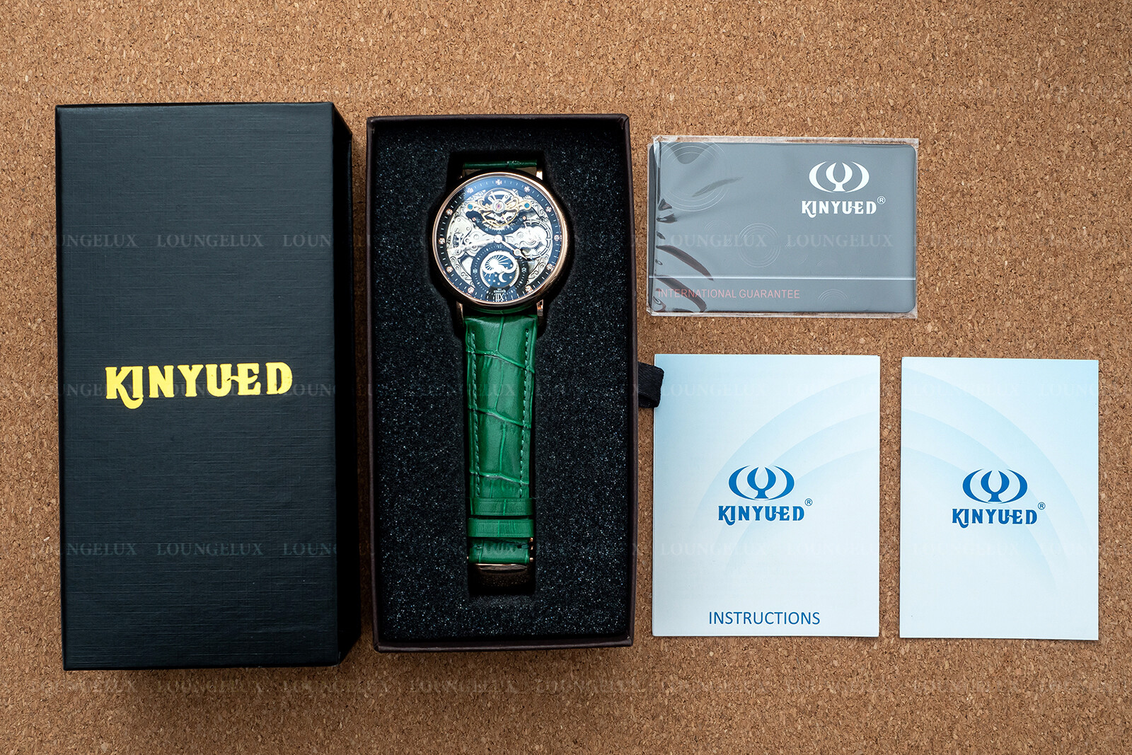 Mens Dual Time Automatic Mechanical Skeleton Watch Rose Gold Green Leather