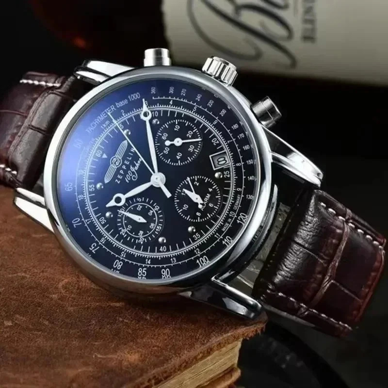 Men Luxury Business Casual Watch Leather Strap Airship Style Quartz Wristwatch