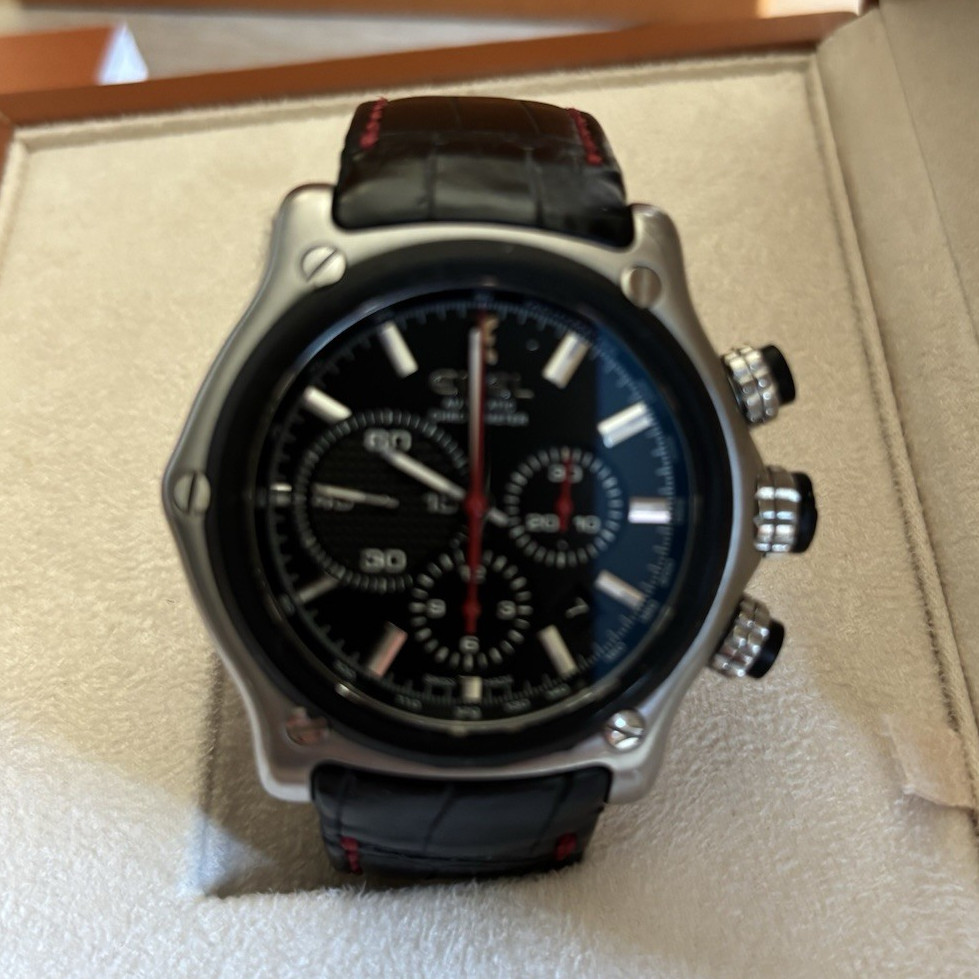 EBEL 1911 BTR 44mm Automatic Chronograph Black Dial Leather Strap Box Booklet