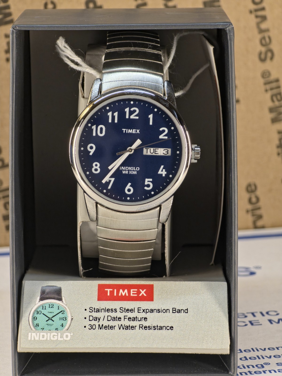 Timex T20031, Easy Reader, Men’s, Silvertone Expansion, Indiglo, Day/Date, NEW