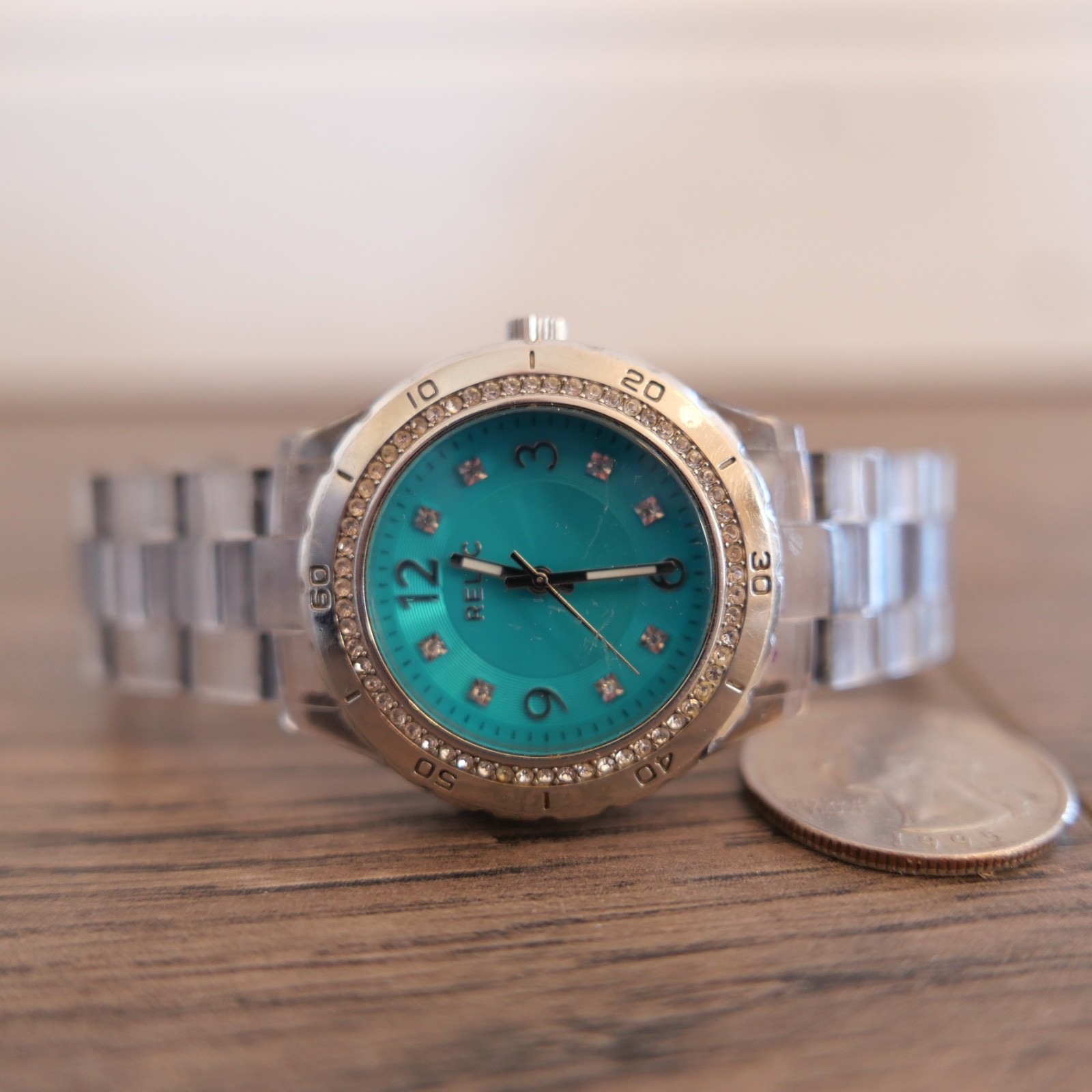 Relic Womans Watch ZR11899 Teal Face Clear Acrylic Band Water Resistant