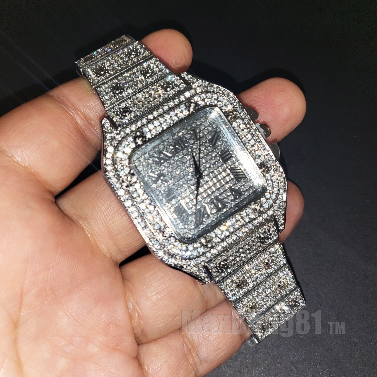 Men Square Watch Hip Hop Silver Simulated Diamond Full Iced Cuban Bracelet Gift