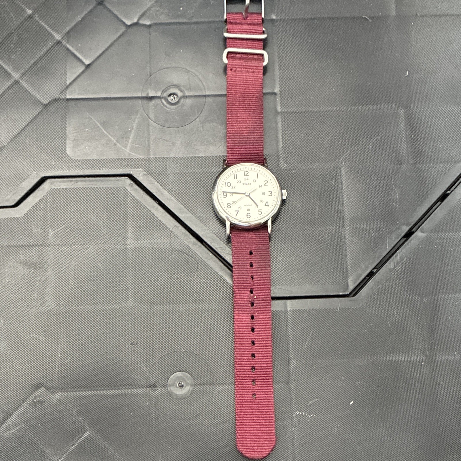 Timex Indiglo Quartz Analog Watch White Dial 12/24-Hour Red Nylon Strap