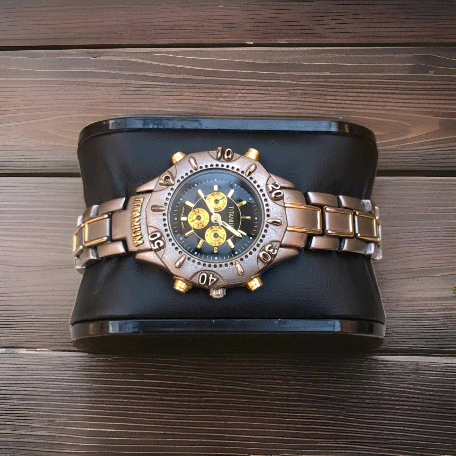 Titanium Men’s Two-Tone Chronograph Analog Wristwatch Black Dial Metal Bracelet