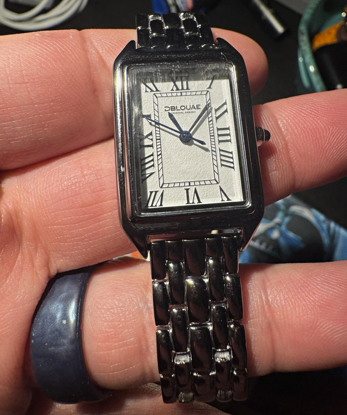 DBLOUAE Women’s Rectangle Quartz Watch Roman Numerals Black Metal Bracelet