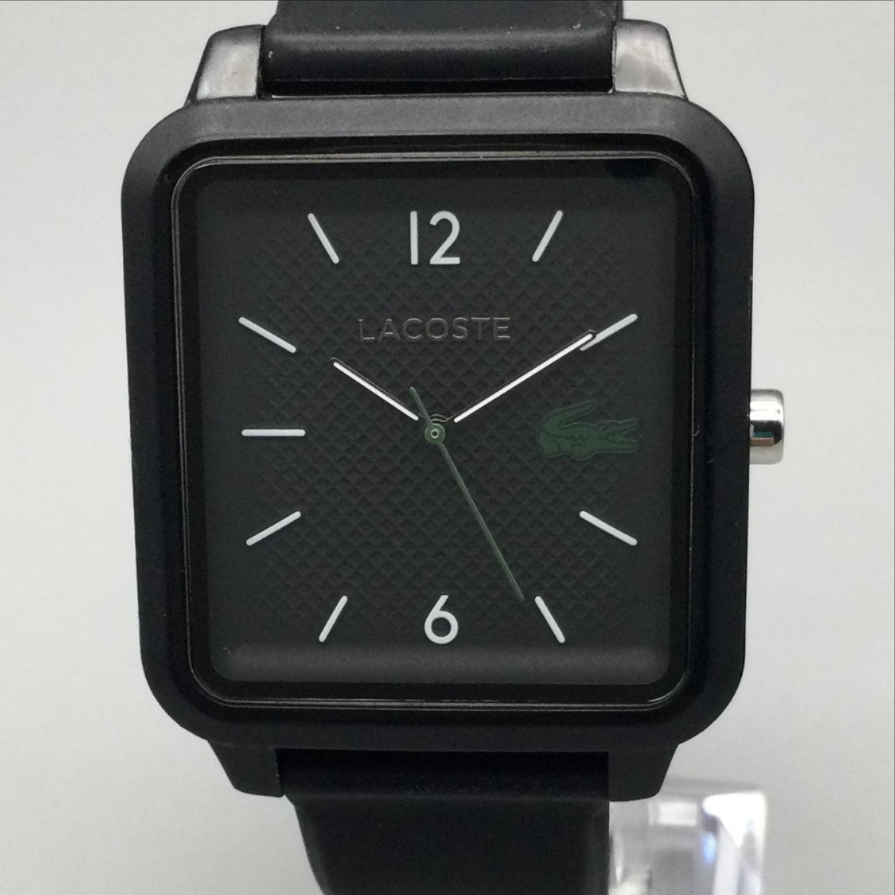 Lacoste Mens Watch 36mm Black Dial Black Silicone Square 50M WR Logo New Battery