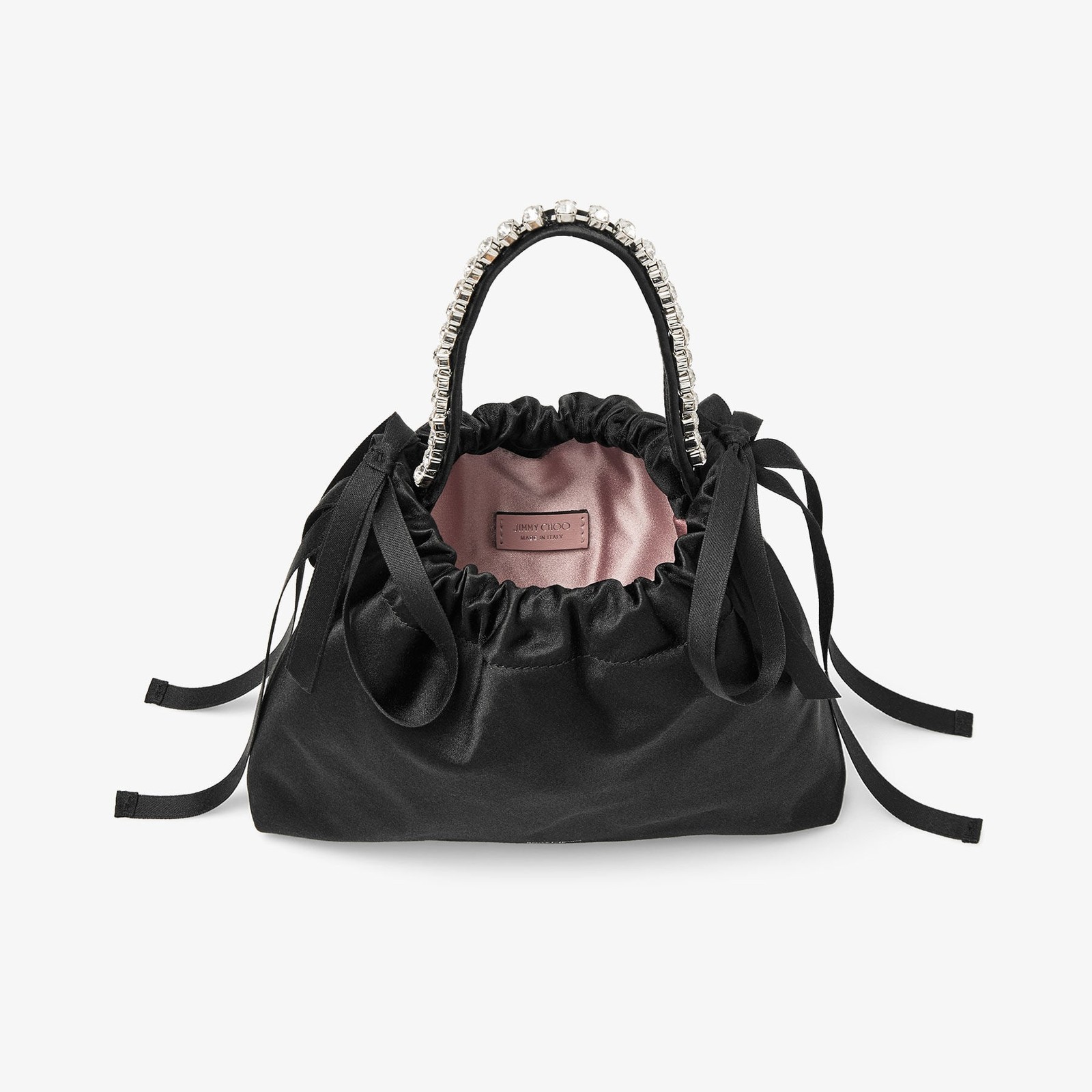 Jimmy Choo Drawstring Mini Top Handle Bow-Embellished Black Satin Shoulder Bag