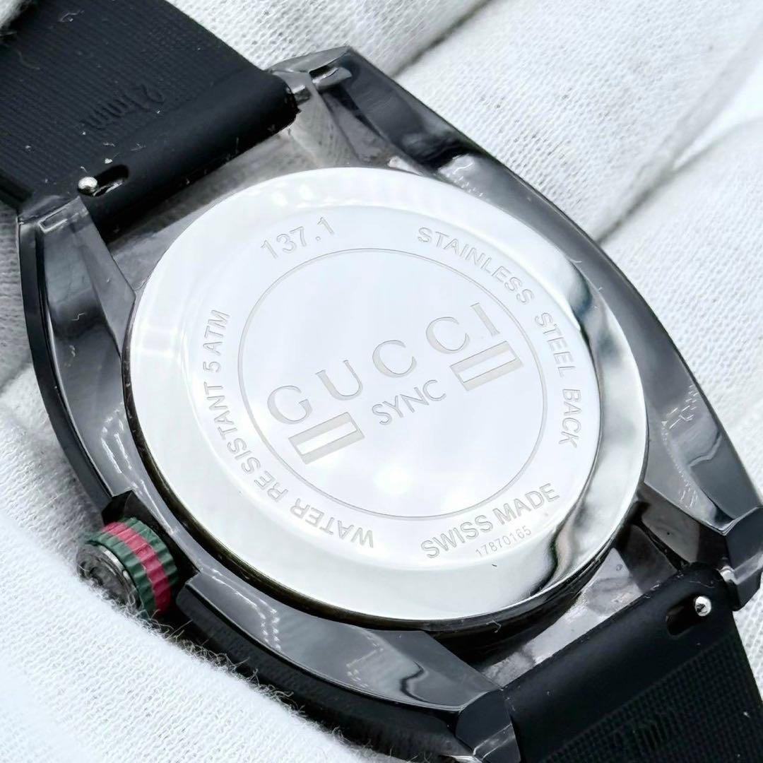Gucci 137.1 Sync Quartz Black Dial Date Leather Strap Mens Watch Auth