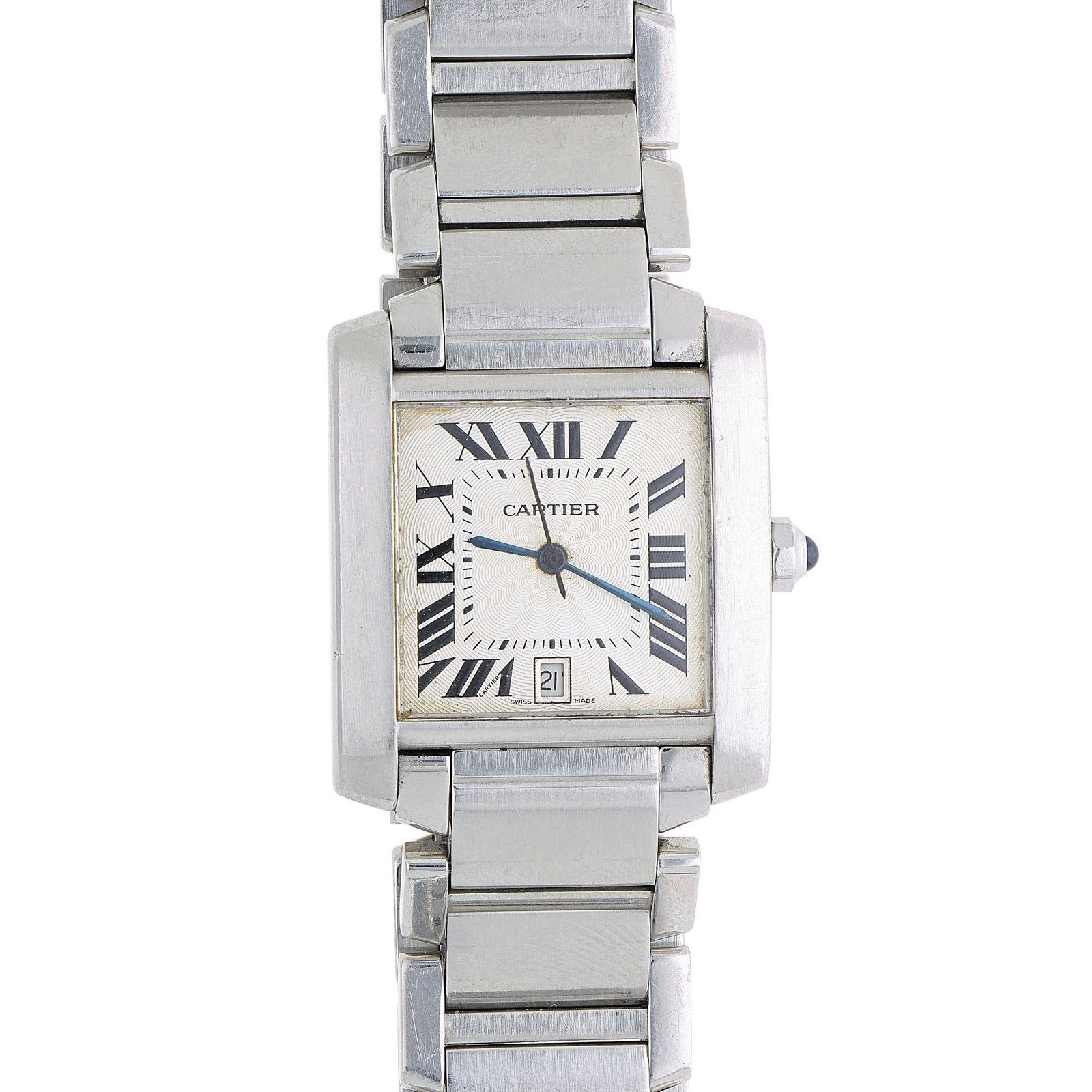 Cartier Tank Francaise 2302 Large Steel Guilloche Roman Dial Blue Hands Watch