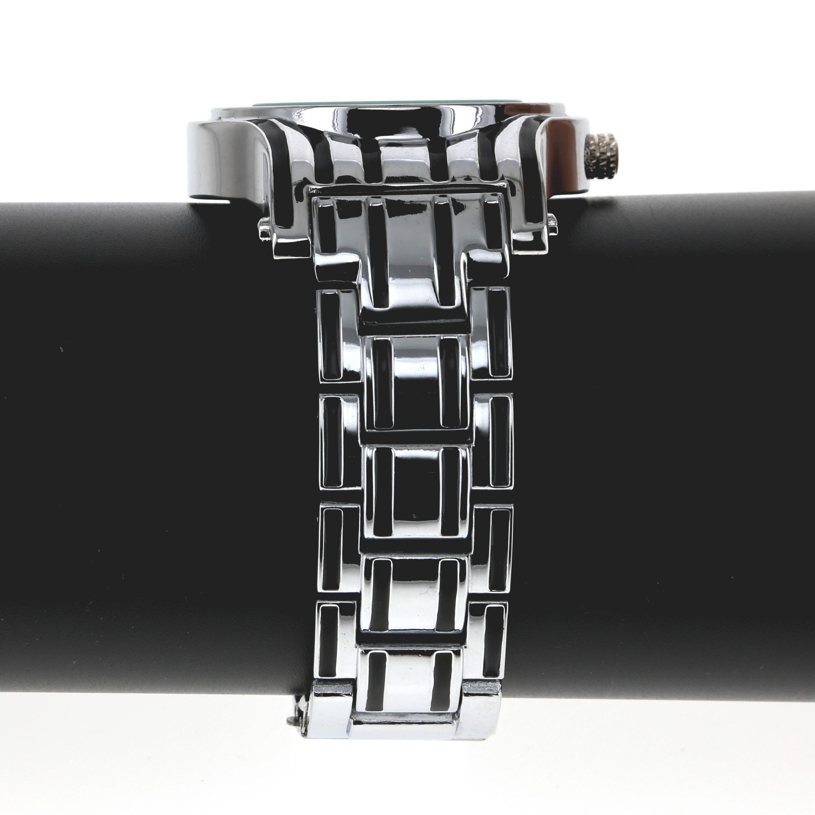 Big Bezel Silver Finish & Black Enamel Chronograph Style Metal Link Band