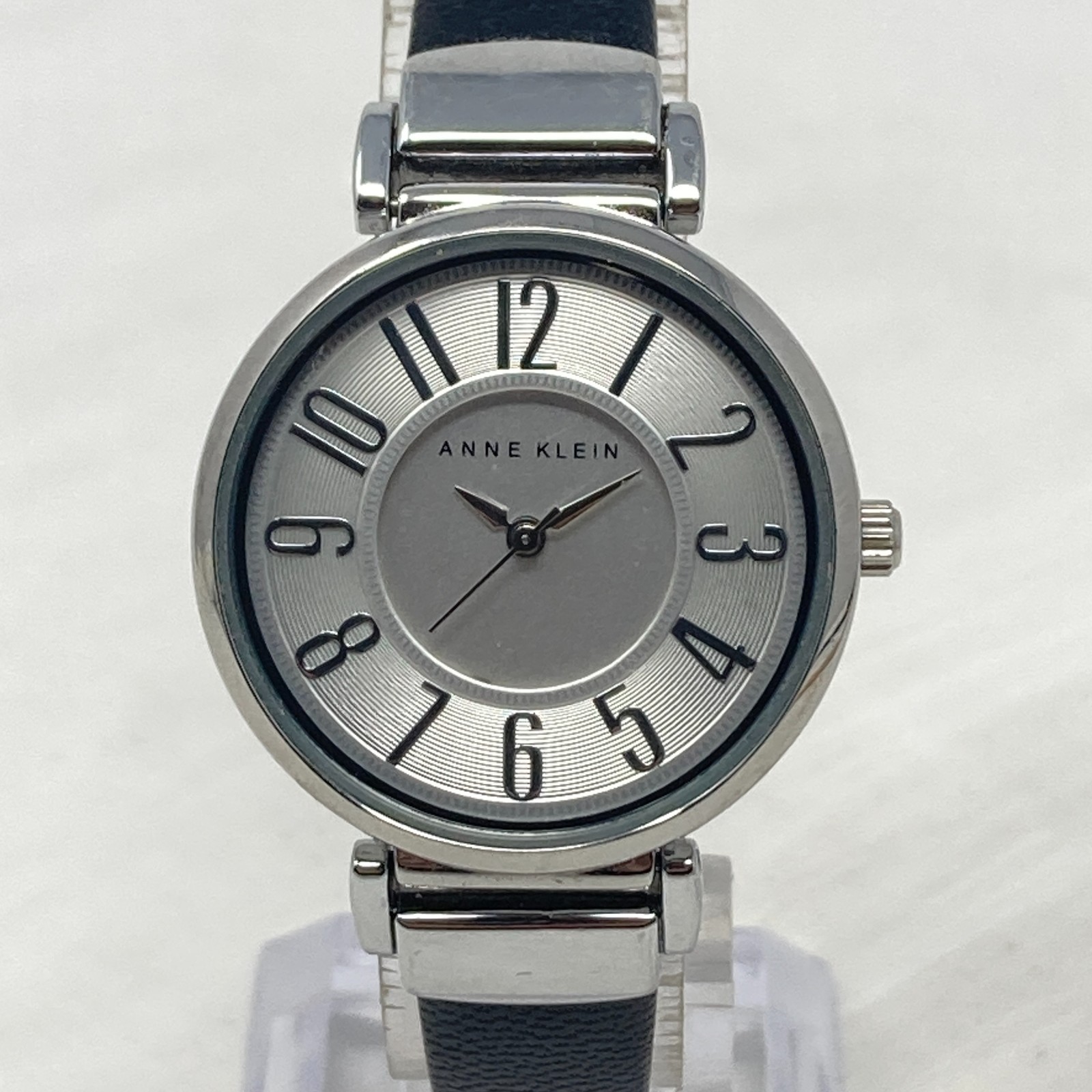 Anne Klein Watch Women 30mm Silver Tone Black Leather Band WR 30M New Battery 8″