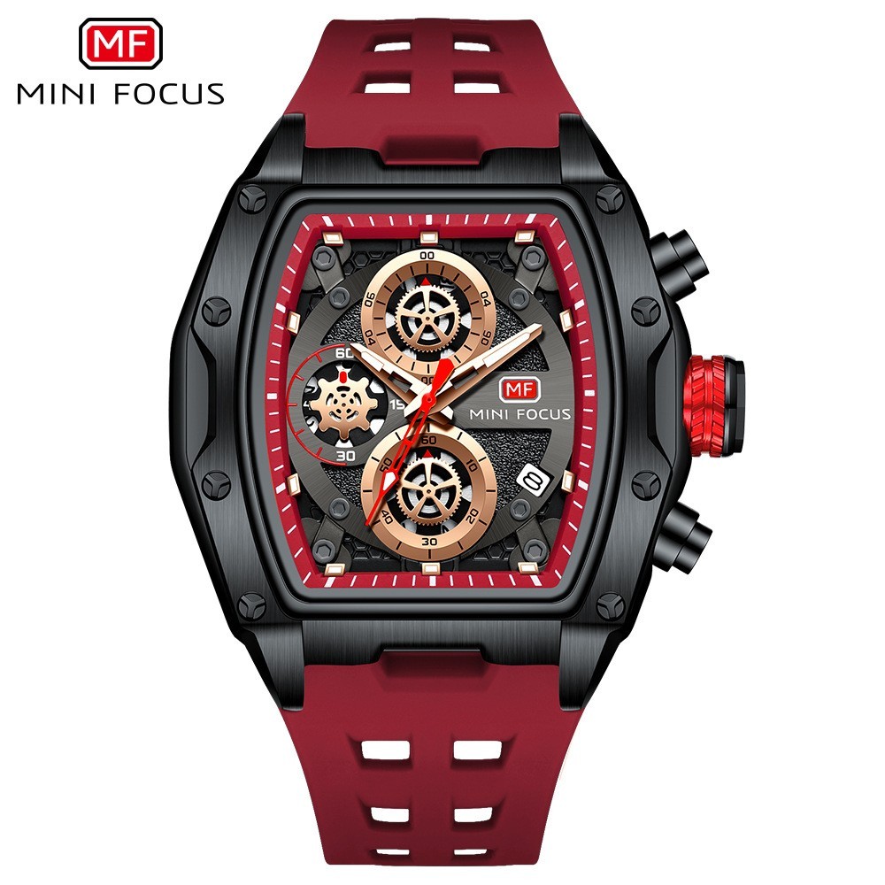 MINI FOCUS Men Tonneau Skeleton Multifunction Chronograph Calendar Quartz Watch