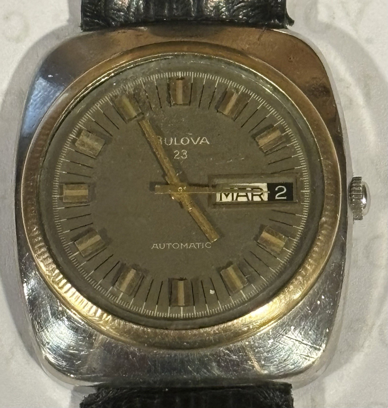Vintage Bulova Automatic 23 Jewel Day Date Brown Dial Gold Tone Men’s Watch