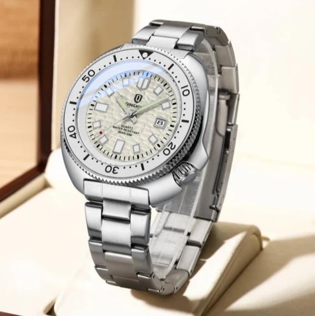 44MM QINGXIYA Tuna Quartz Mens Watch Stainless Steel 30M Waterproof Luminous NEW
