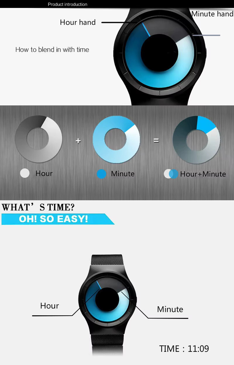 Numberless Watch – Liquid Blue Display – Fathers Day Gift Novelty Unique Unisex