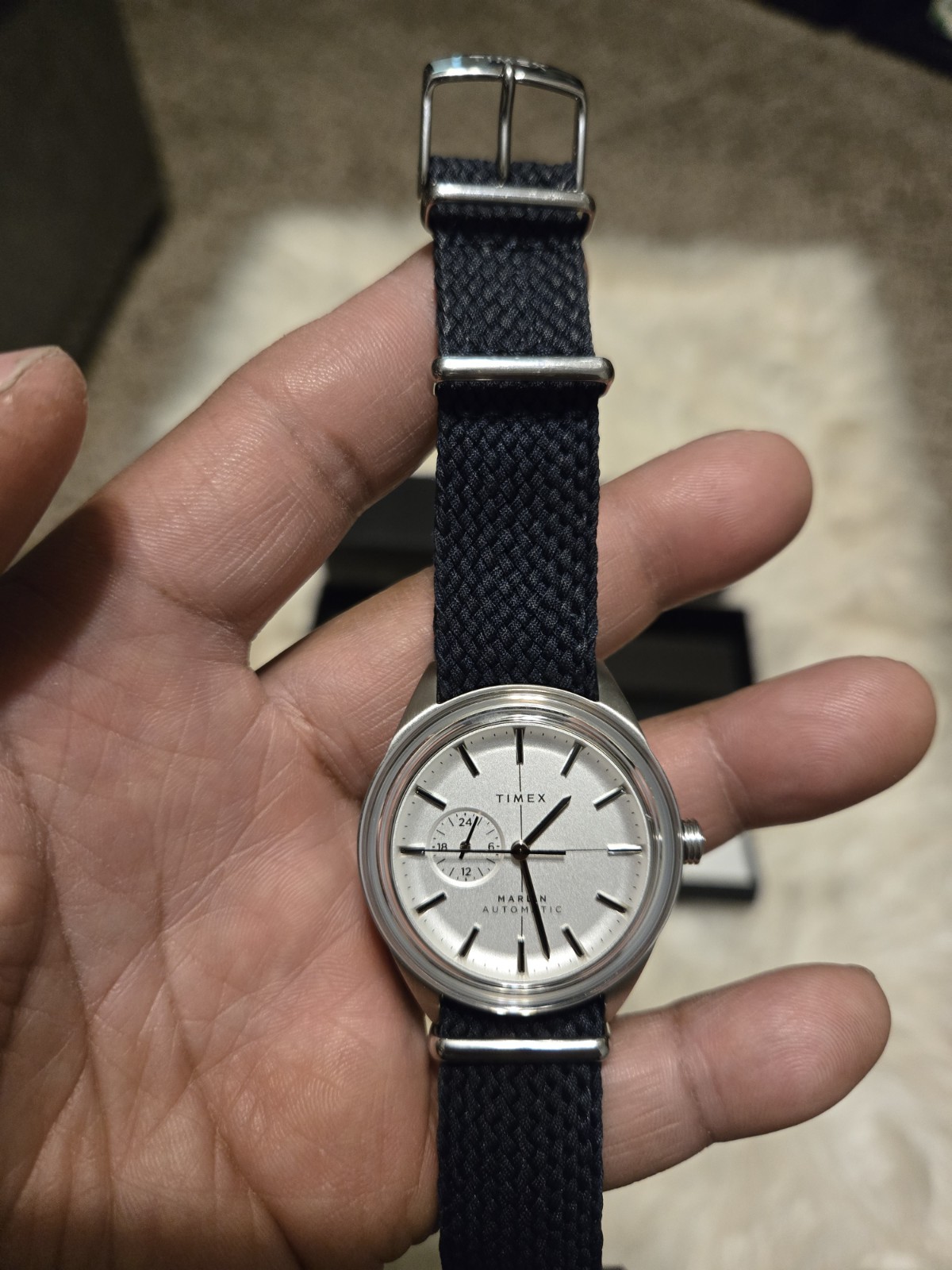 Timex Marlin Automatic Men’s Watch Silver Dial Blue One-Piece Fabric Strap Box