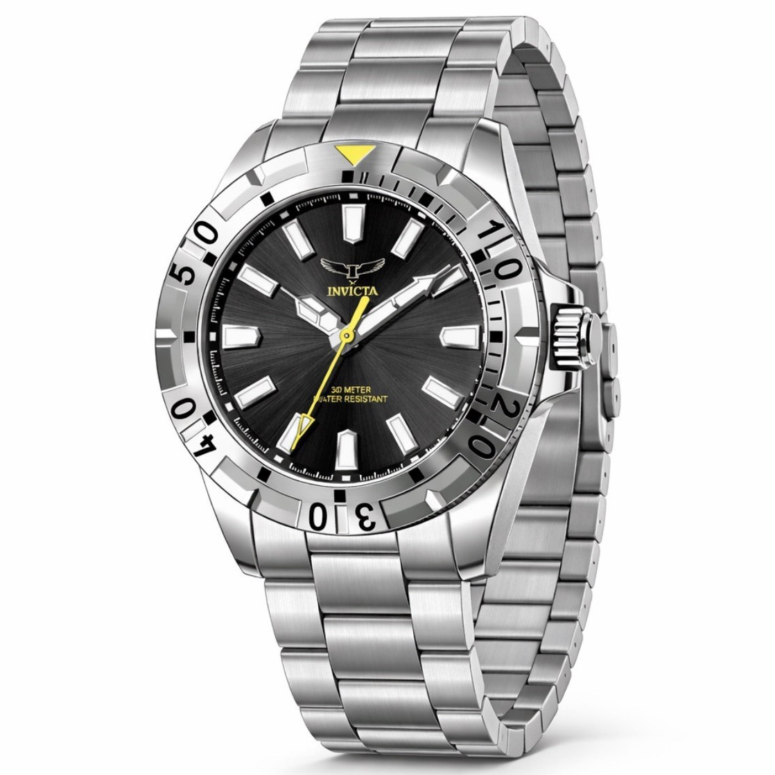 Invicta Pro Diver Men’s Quartz 43mm Black Dial Steel Silver Bracelet 30m