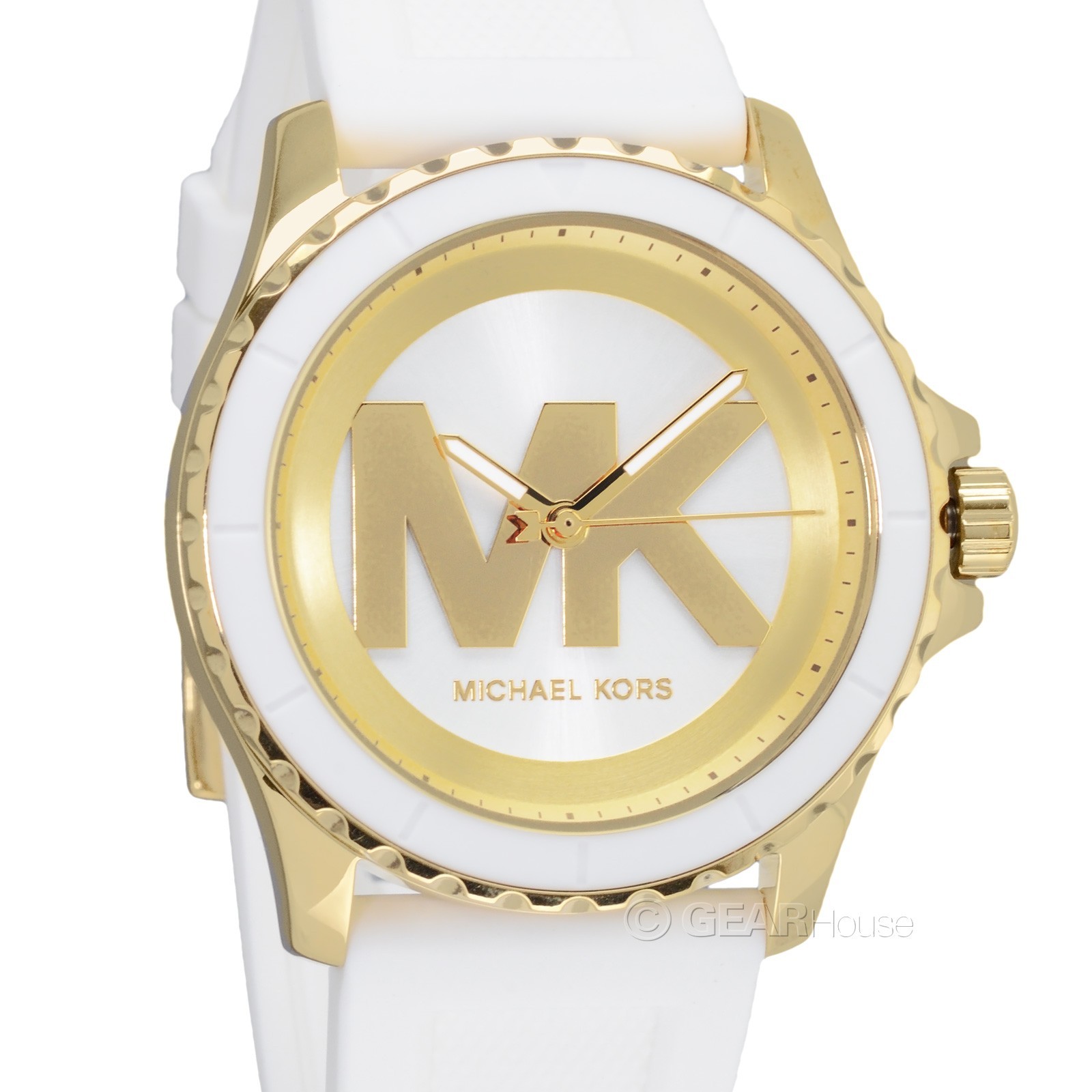 Michael Kors Womens Everest Gold Casual Watch, MK Logo Dial, White Silicone Band