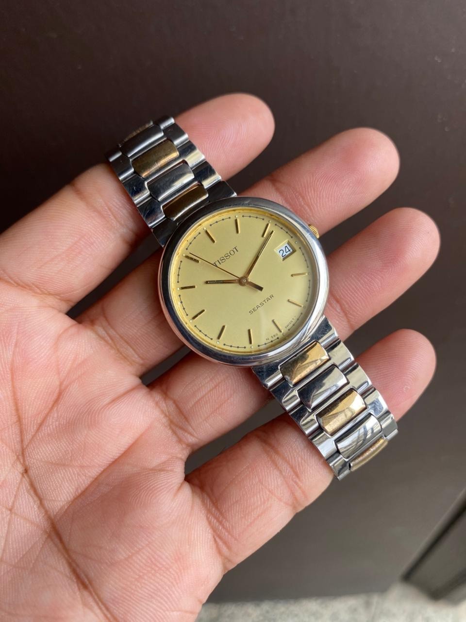 Vintage Tissot Seastar Two Tone Men’s Watch Quartz Champagne Dial