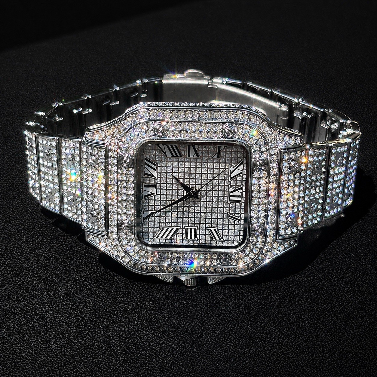 VVS Roman Numerals Square Dial Iced Out Diamond Watch Hip Hop Watch Silver Color