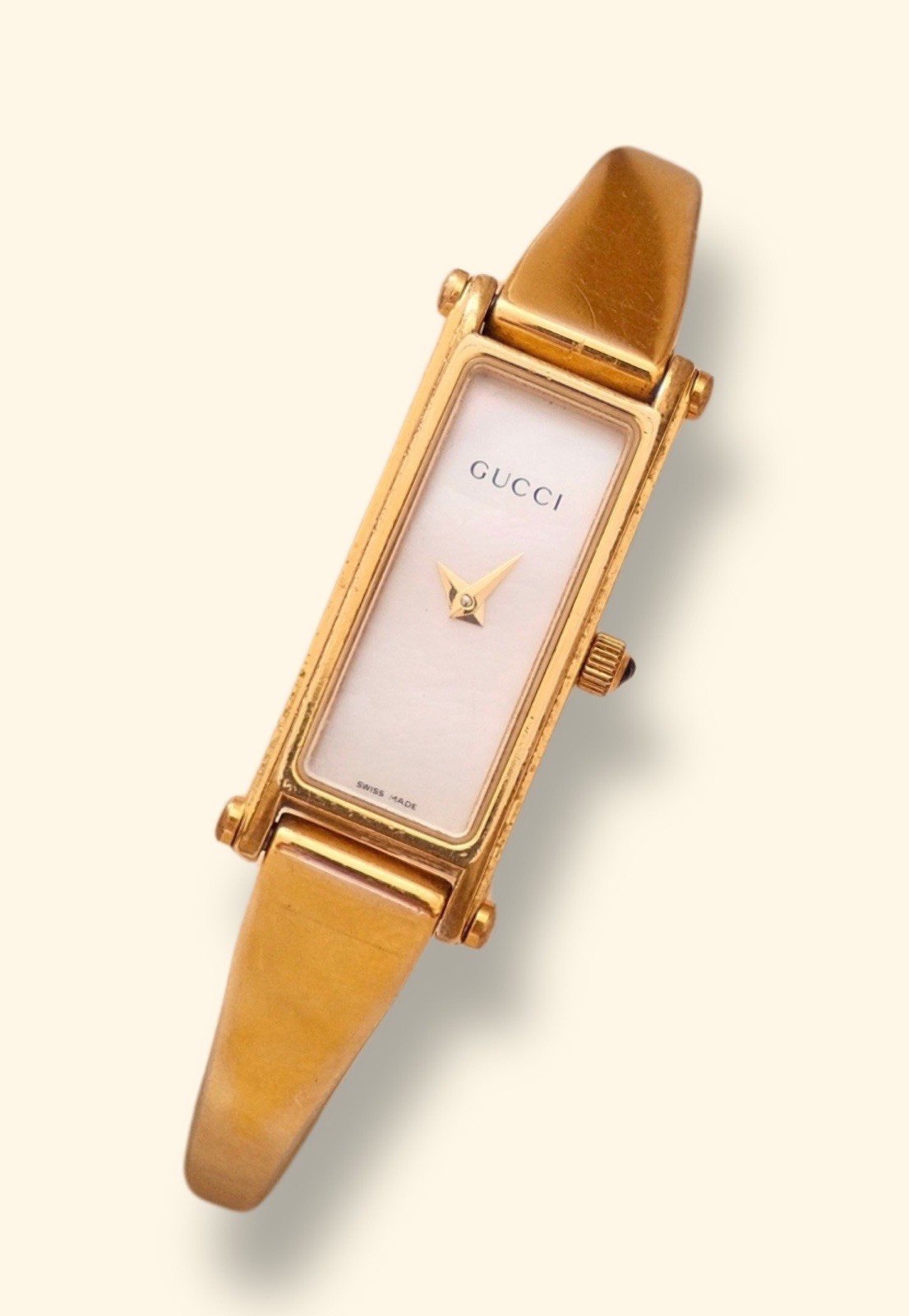 Vintage Gucci 1500L Gold Bangle Watch with White Dial, 90s Quartz Working
