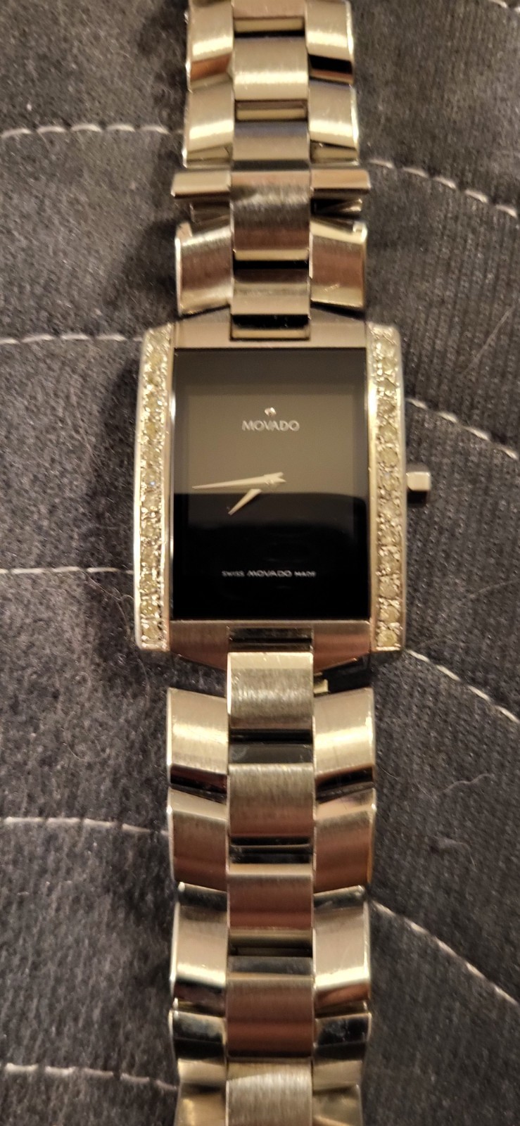 Movado Eliro MENS Swiss Made Quartz Rectangle Black Dial Diamond Bezel Box