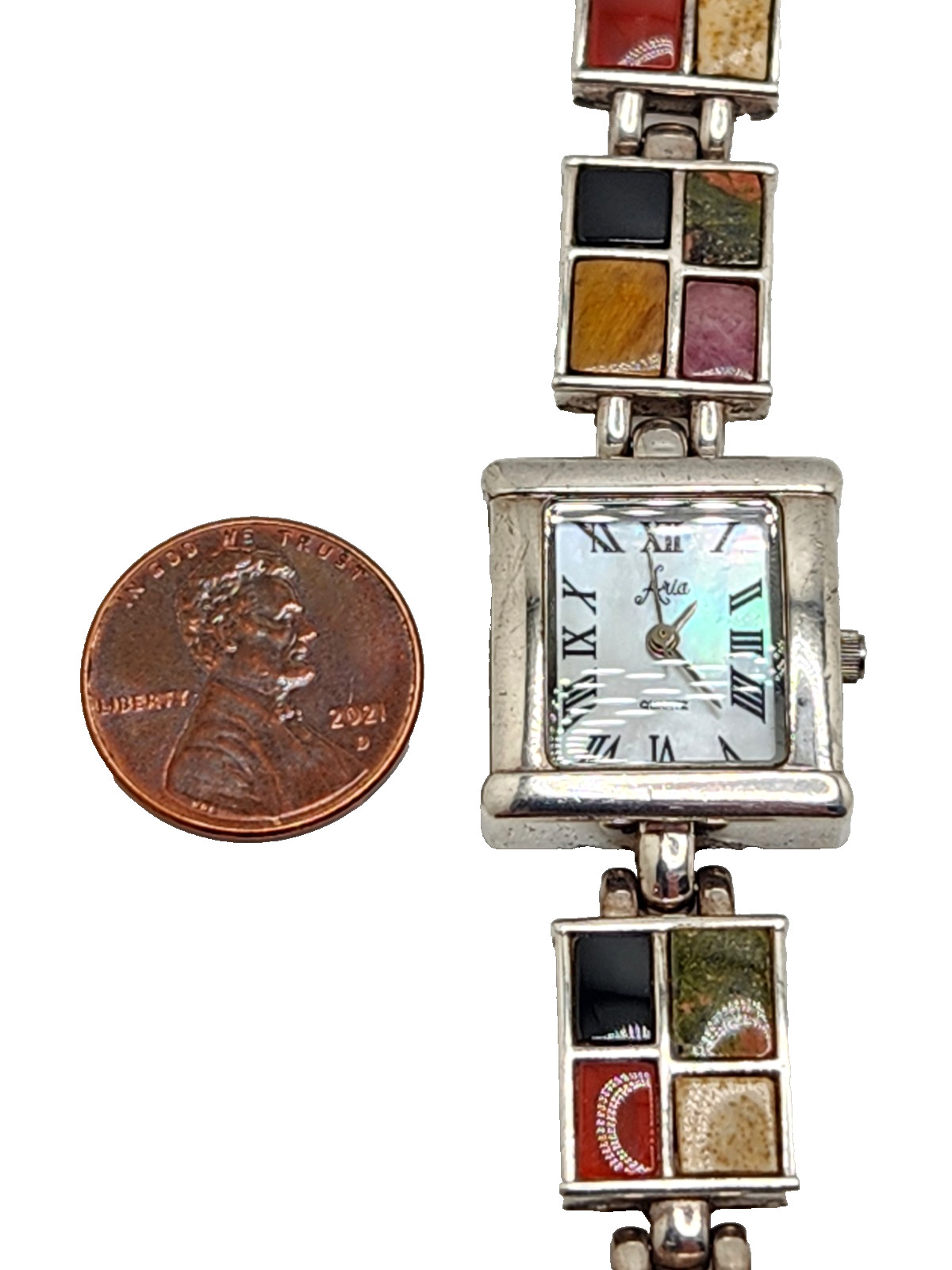Aria Signed Sterling Silver Multi-Stone Women’s MOP Watch Bracelet Needs Battery