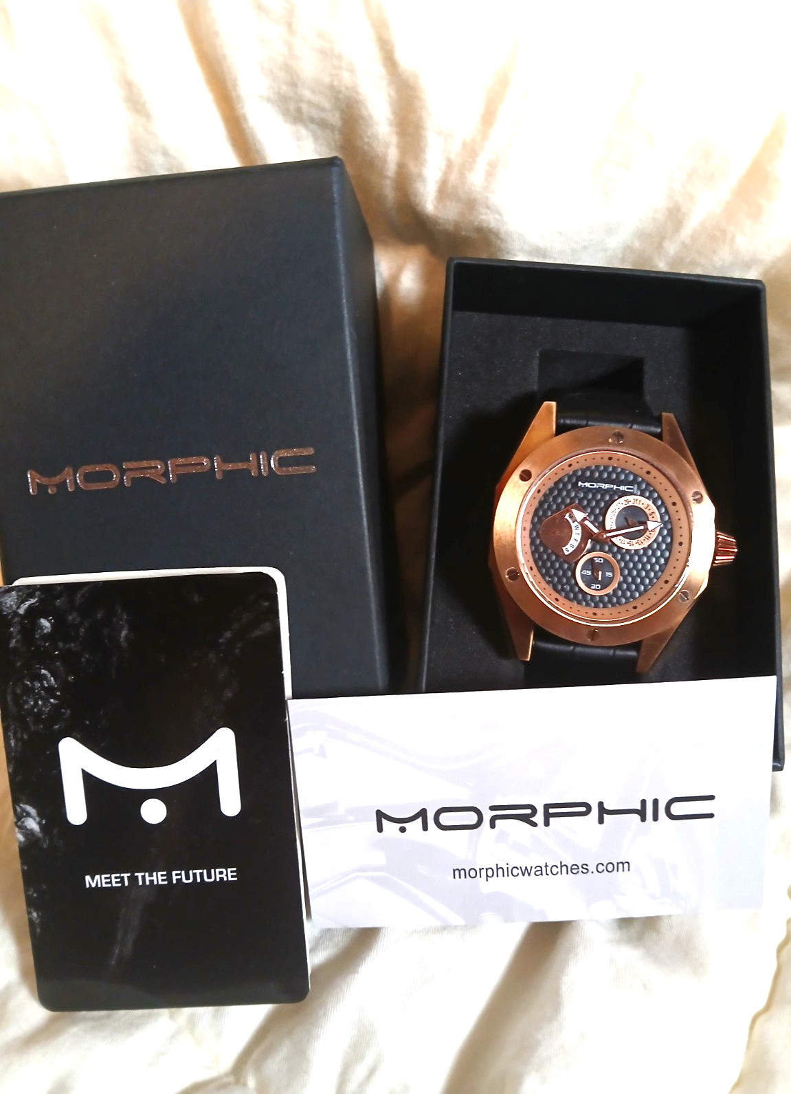 Morphic M46 Series Leather-Band Men’s Watch – Black/Rose Gold