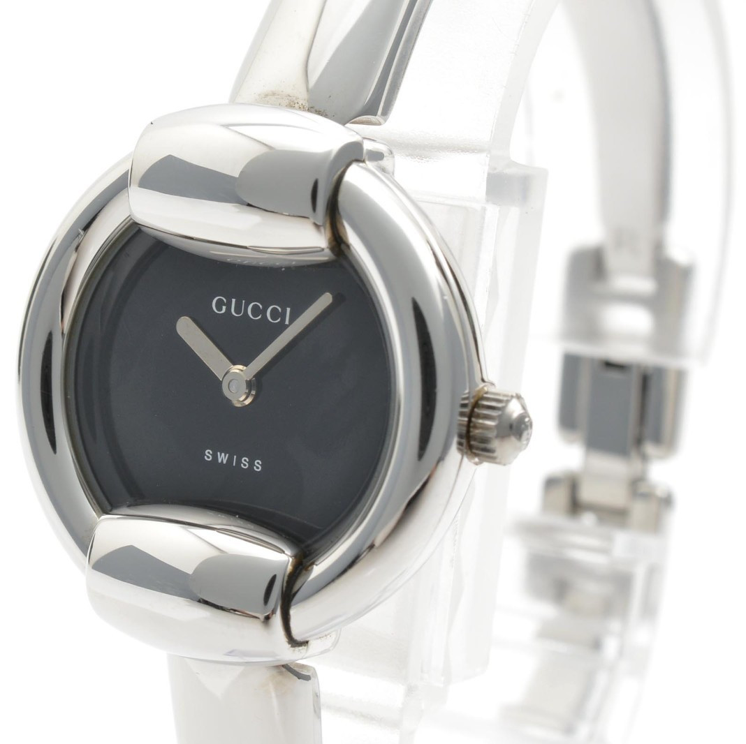 GUCCI 1400L Quartz Women’s Watch 25mm Black Dial Bangle Silver Steel Vintage Box