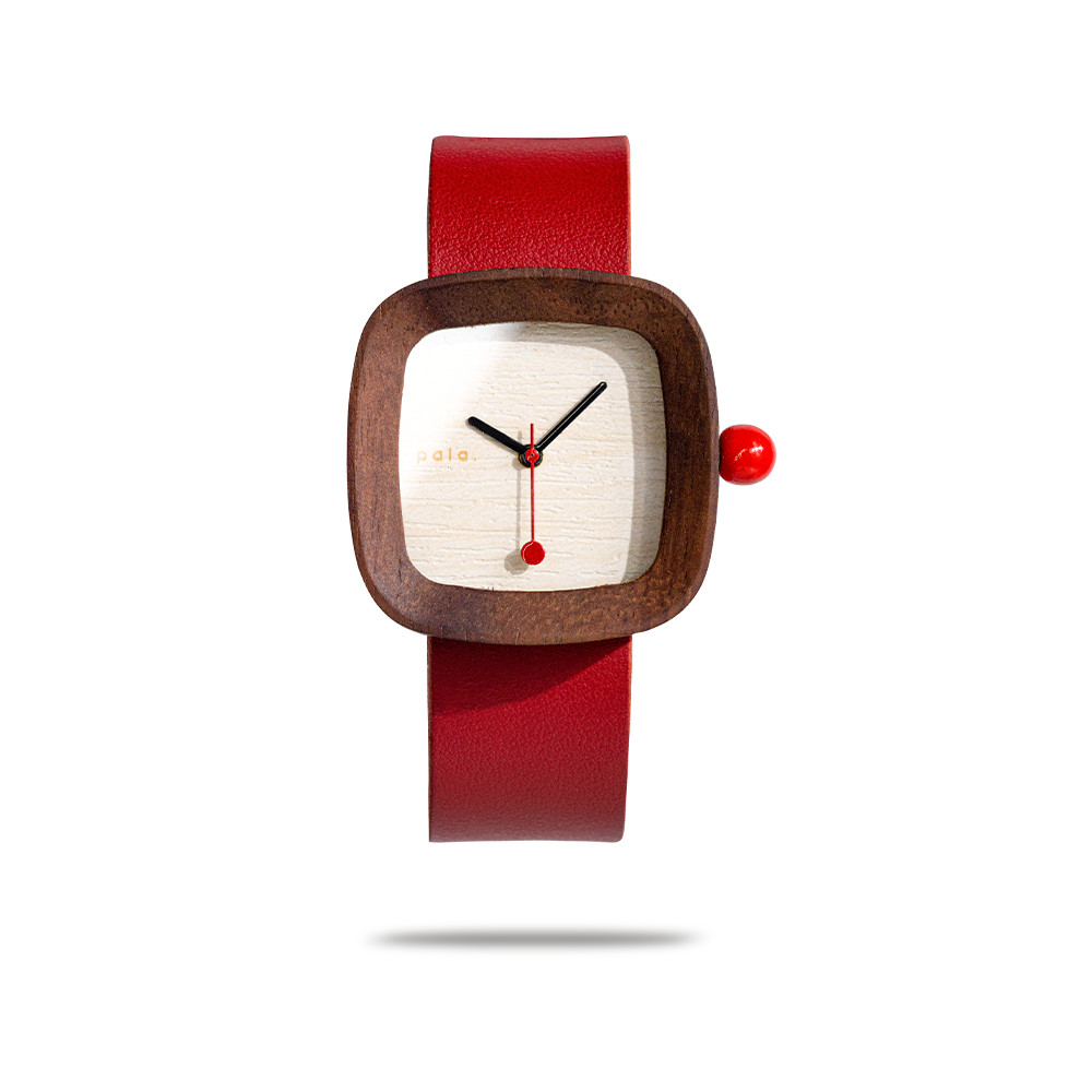 Pala Mini Red Analog Watch Square Wood Case Full Grain Leather Strap Quartz Gift
