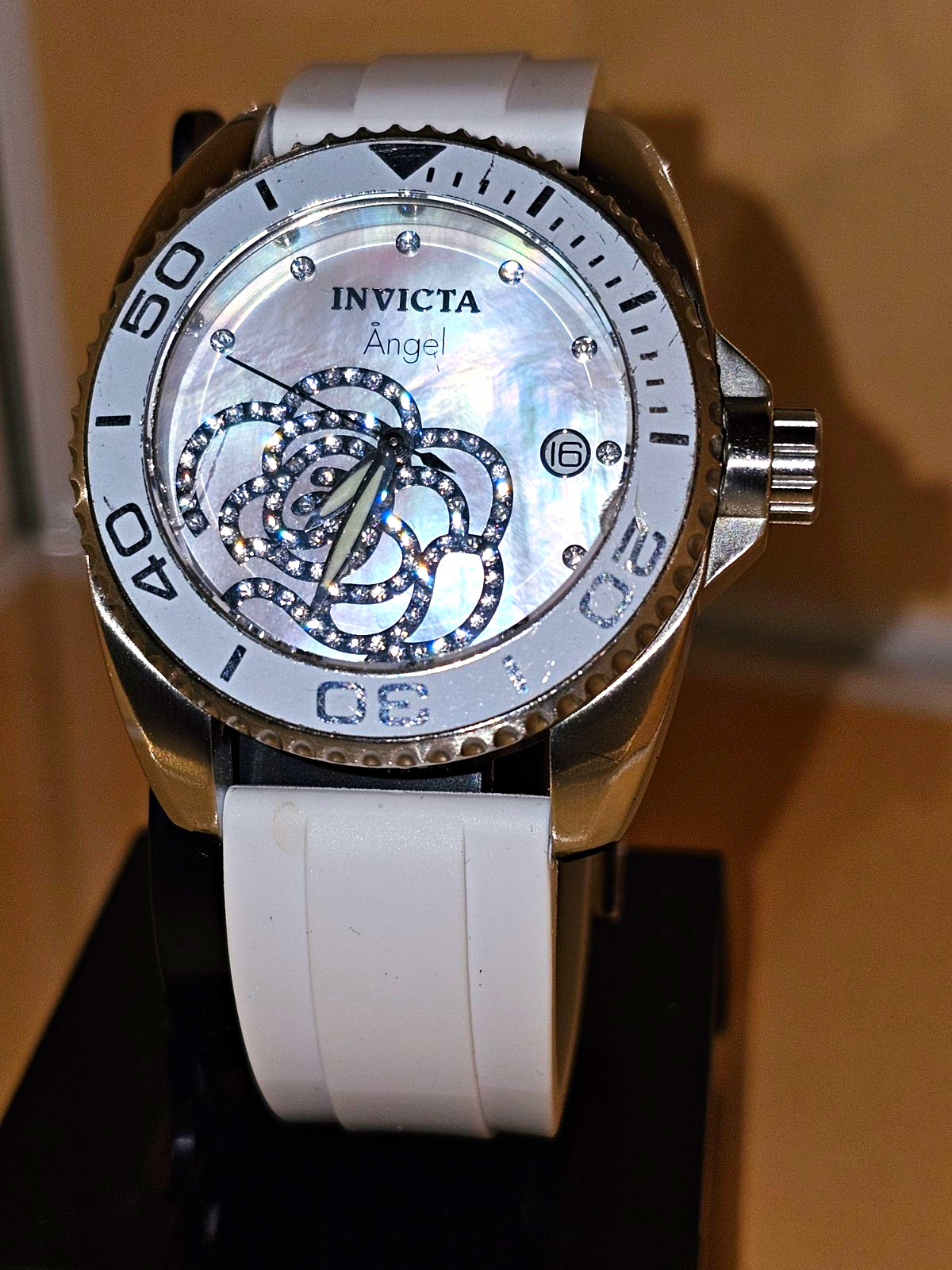 Invicta Angel Women’s Analog Quartz Date 100m WR White MOP Dial Strap w/ Box