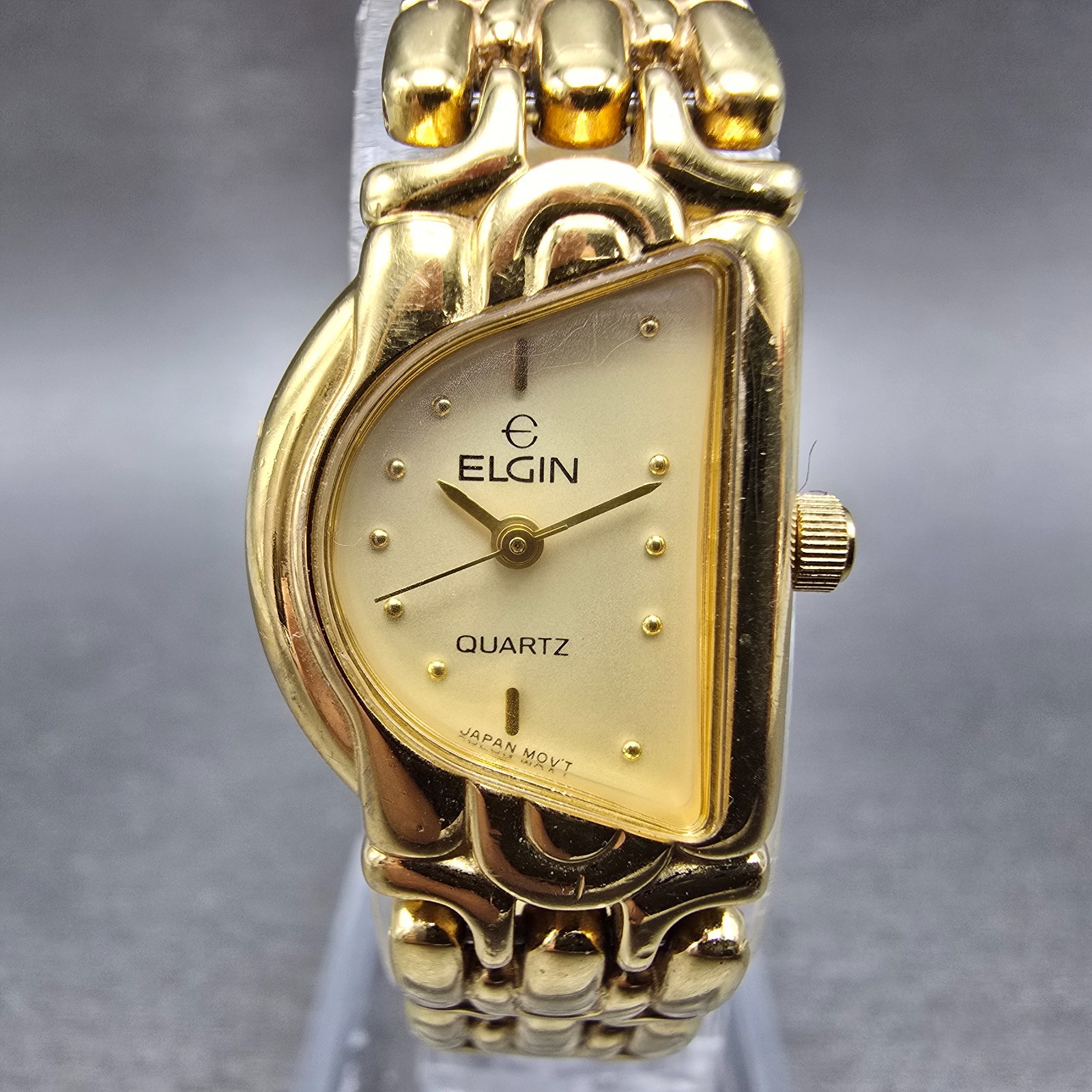 Elgin Halfmoon Watch Women 16mm Cream Dial Gold Tone Asymmetrical New Battery