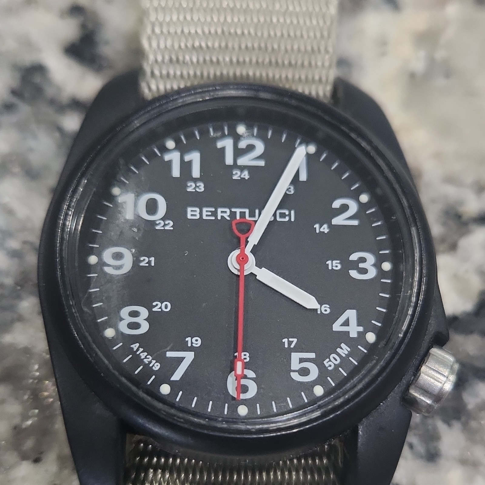Bertucci A-1 Titanium Black Dial Quartz 50m 24-Hour Beige Nylon NATO Watch