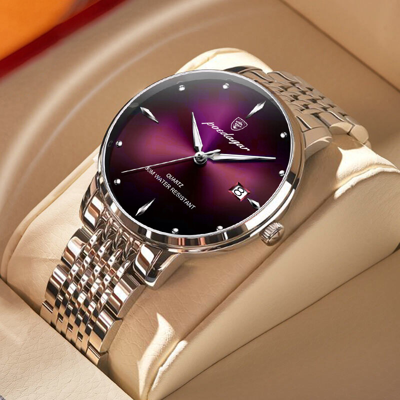 POEDAGAR Luxury Business Men’s Quartz Watch Slim 3Bar Luminous Date Stainless