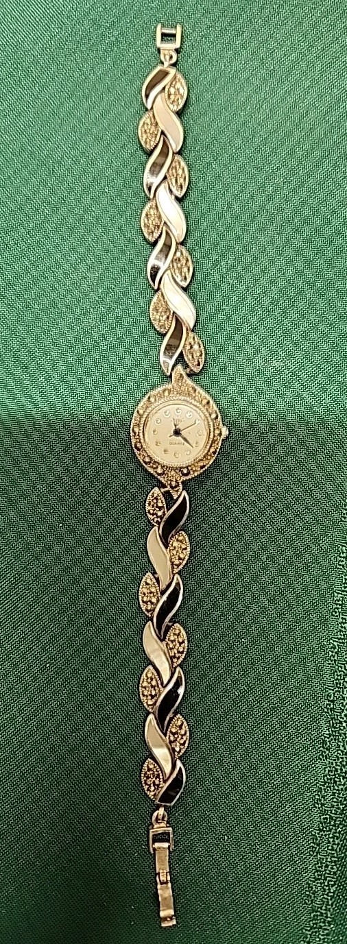 Sterling Silver, Marcasite, Mother Of Pearl, Black Onyx Vintage Quartz Watch