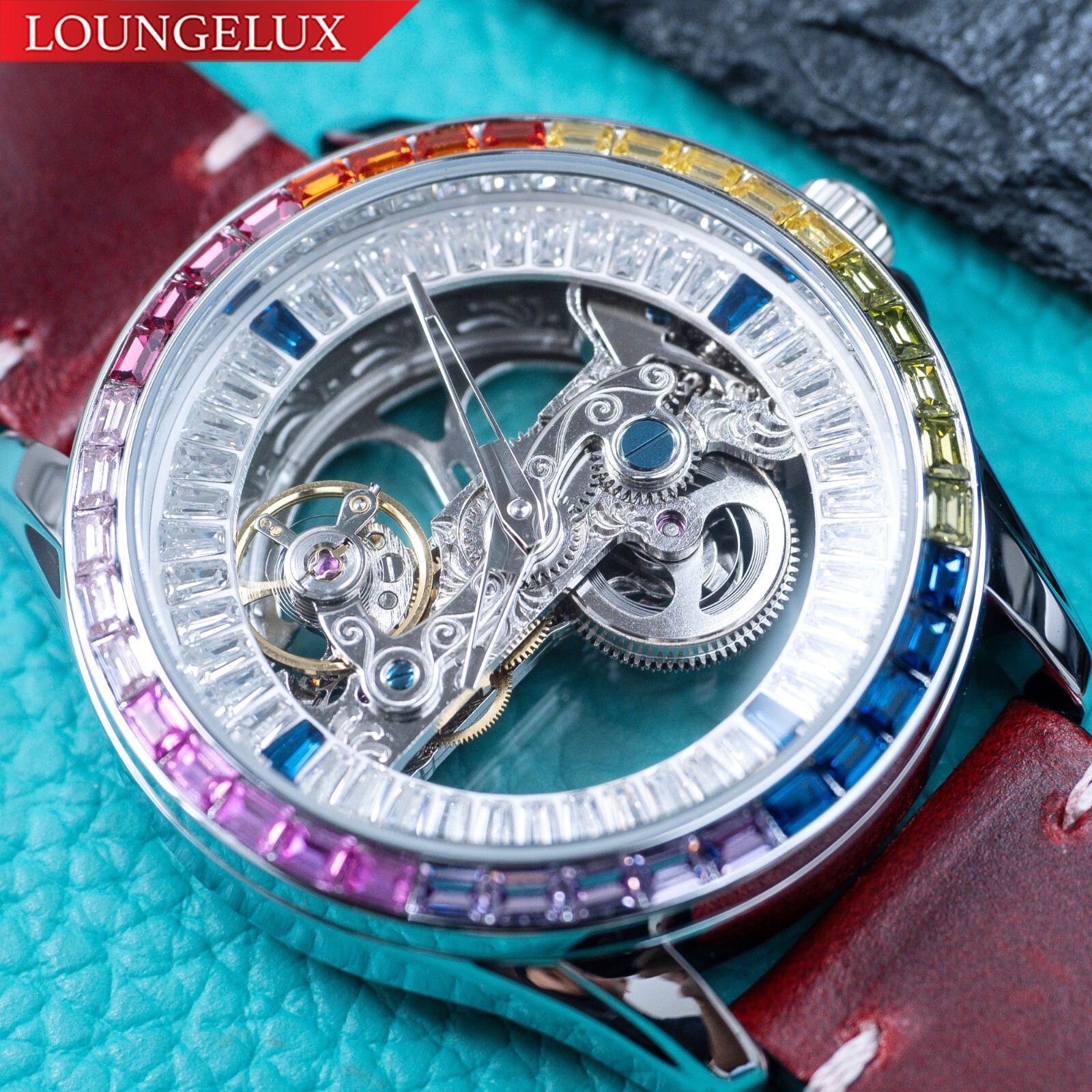 Mens Silver Automatic Mechanical Watch Bridge Rainbow Cubic Oil Waxed Dark Red