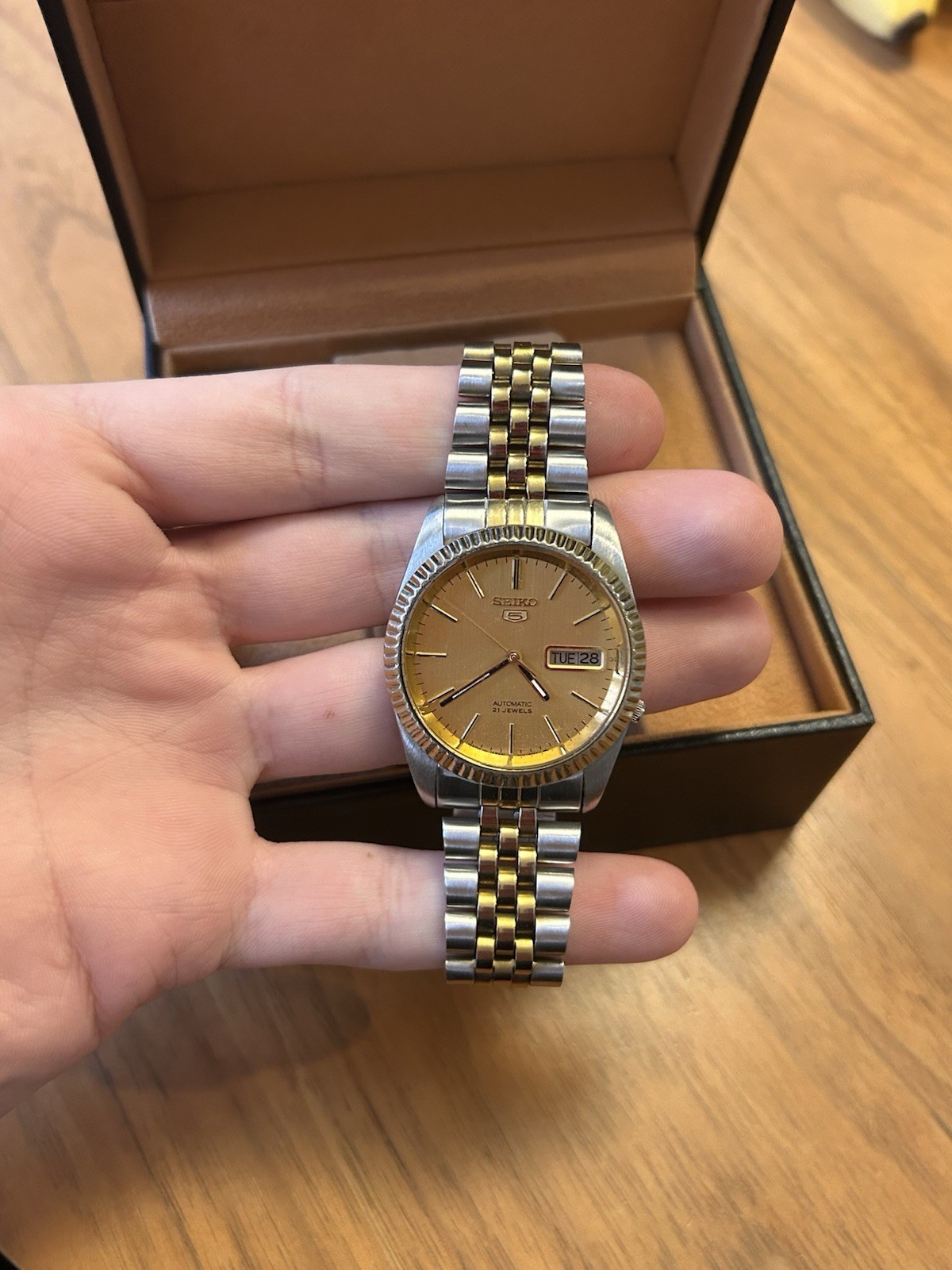 SEIKO SNXJ92 Automatic 7019-8210 Gold Dial Day Date Two-Tone Men’s Watch