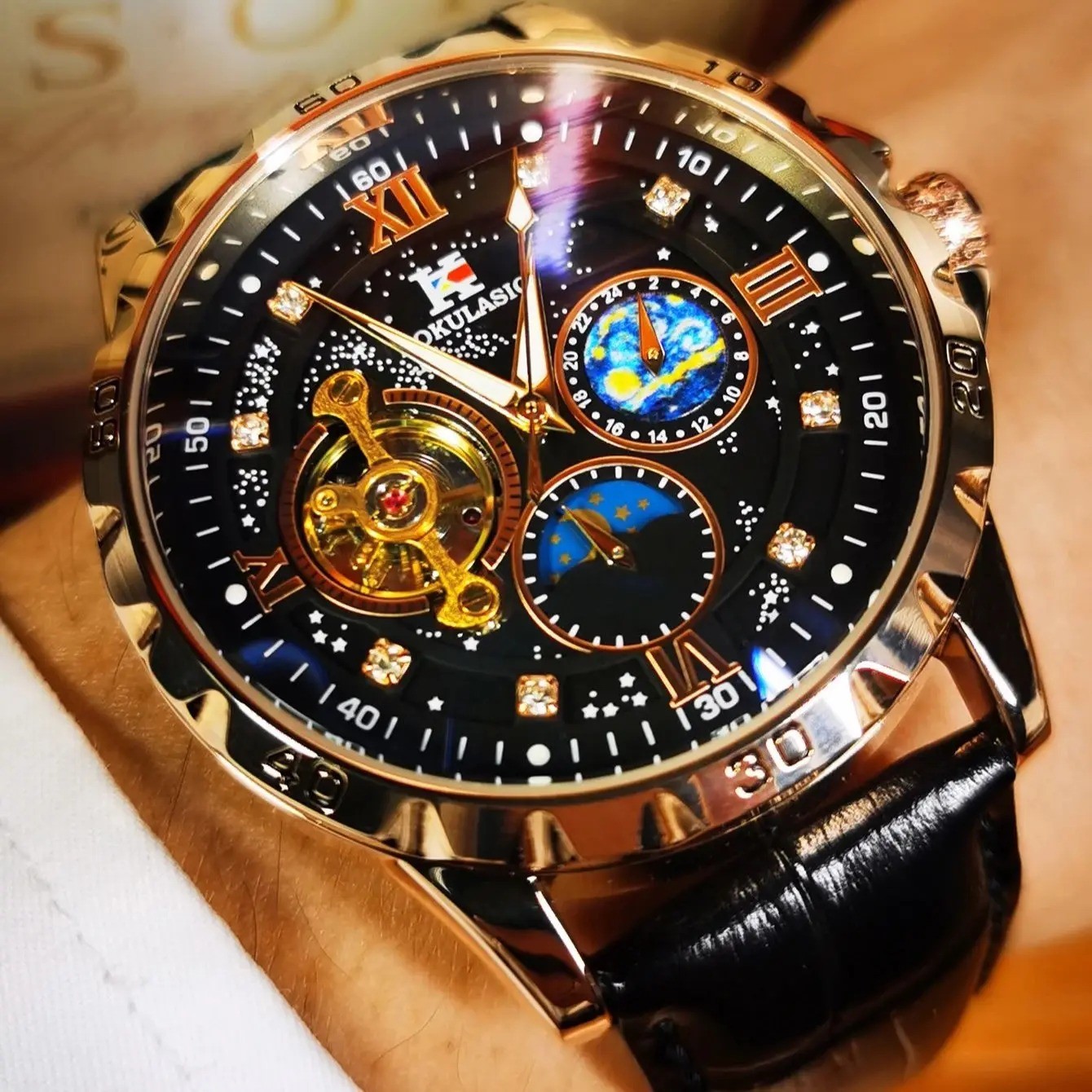 AOKULASIC Tourbillon Skeleton Mechanical Watches Starry Sky Moon Phase Dial Stee