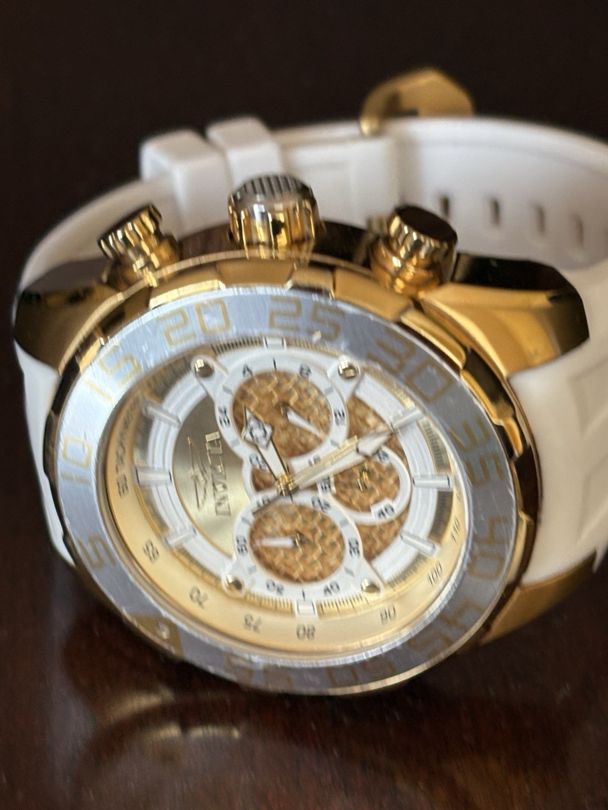 Invicta Speedway Chronograph Gold Tone Scuba Watch 50mm case luminous hour marks