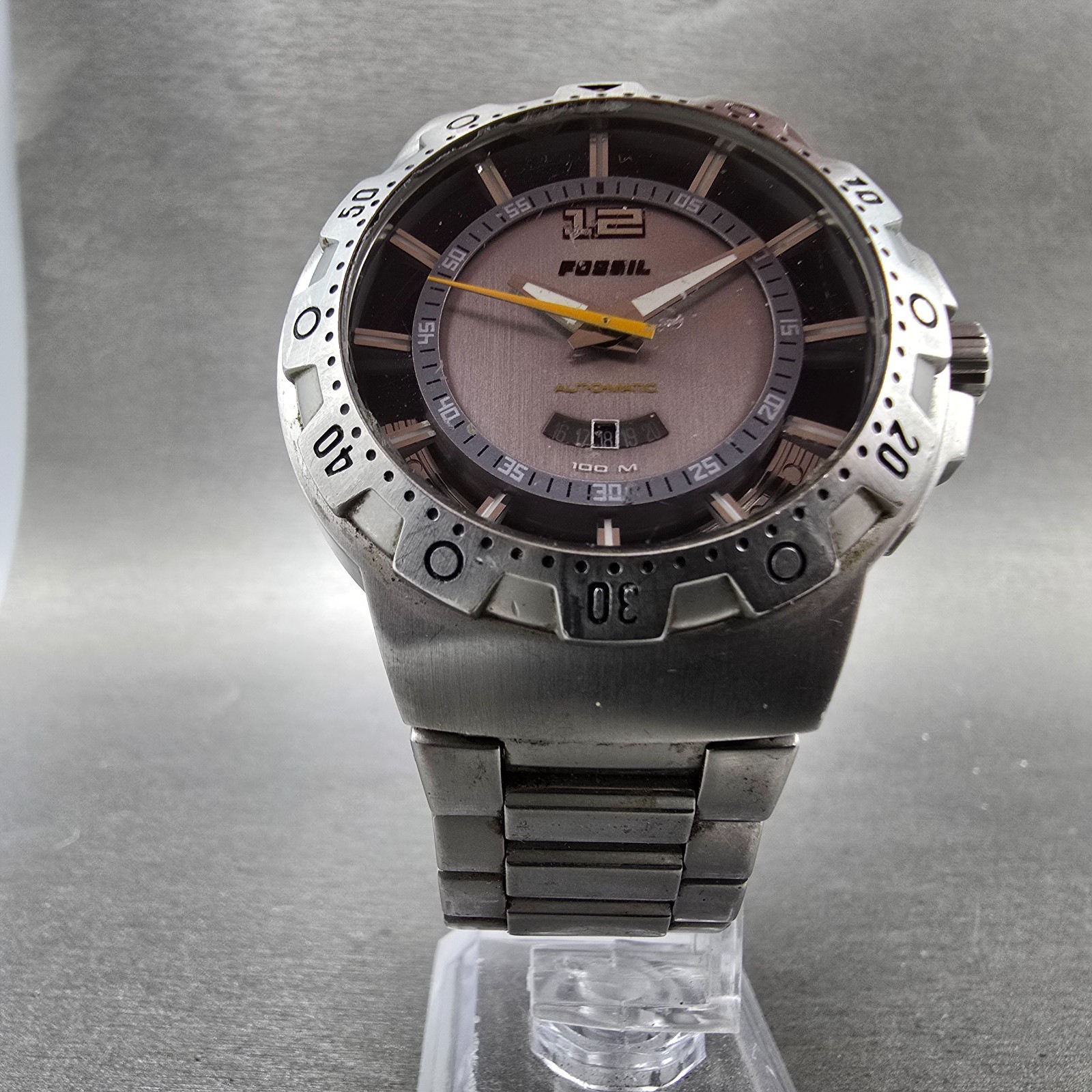 Fossil Blue Automatic Dive Watch Men 42mm Silver Dial Steel Date AM-4029 Runs