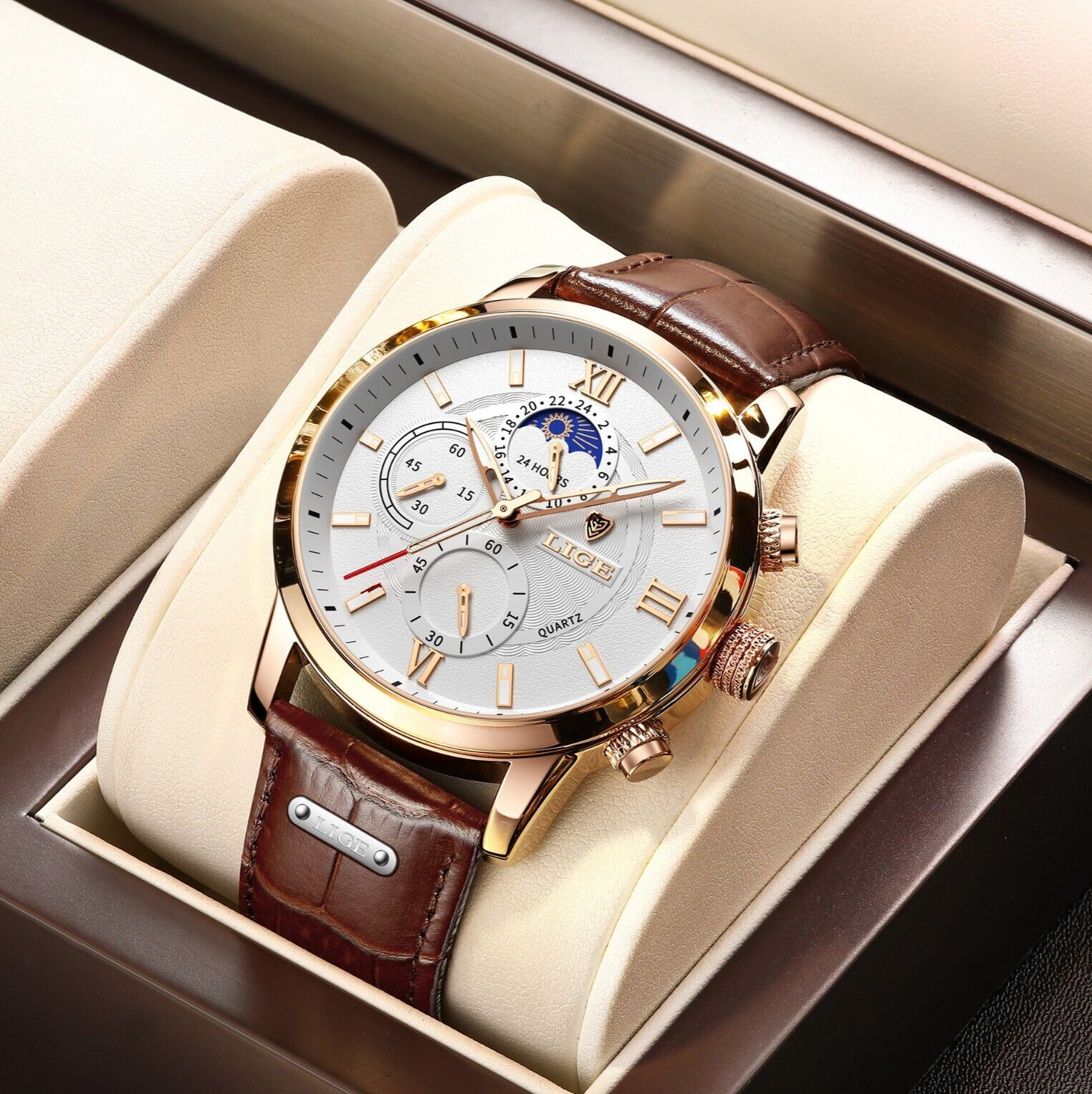 Men’s Watch Quartz Luminous Stainless Steel Case Leather Band Daily Wristwatches