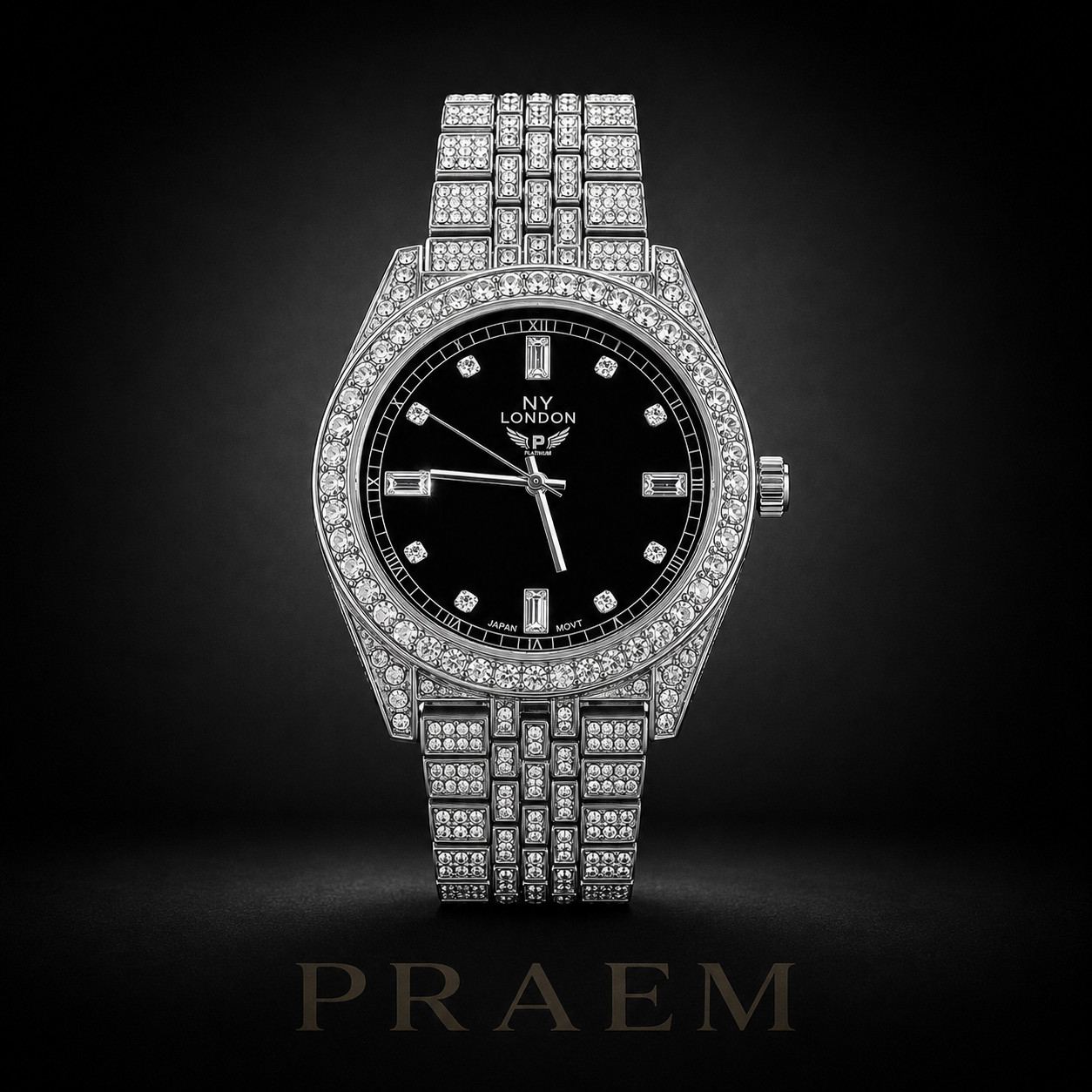PRAEM Silver Plated Iced Out CZ Watch Black Dial Quartz Men’s Metal Band