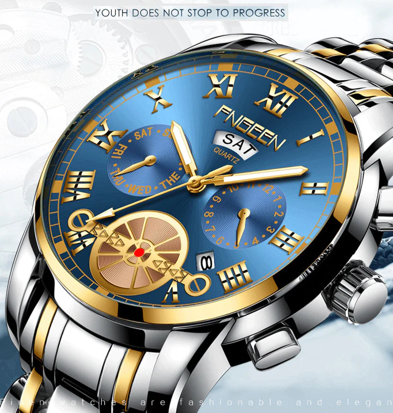 Men’s Two-Tone Stainless Steel Quartz Watch Blue Dial Roman Numerals 41mm