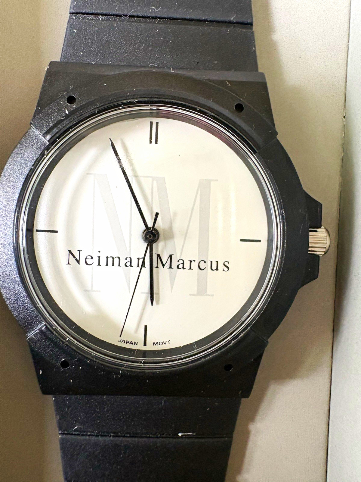 Neiman Marcus Unisex Quartz Analog Watch White Logo Dial Black Rubber Strap NIB