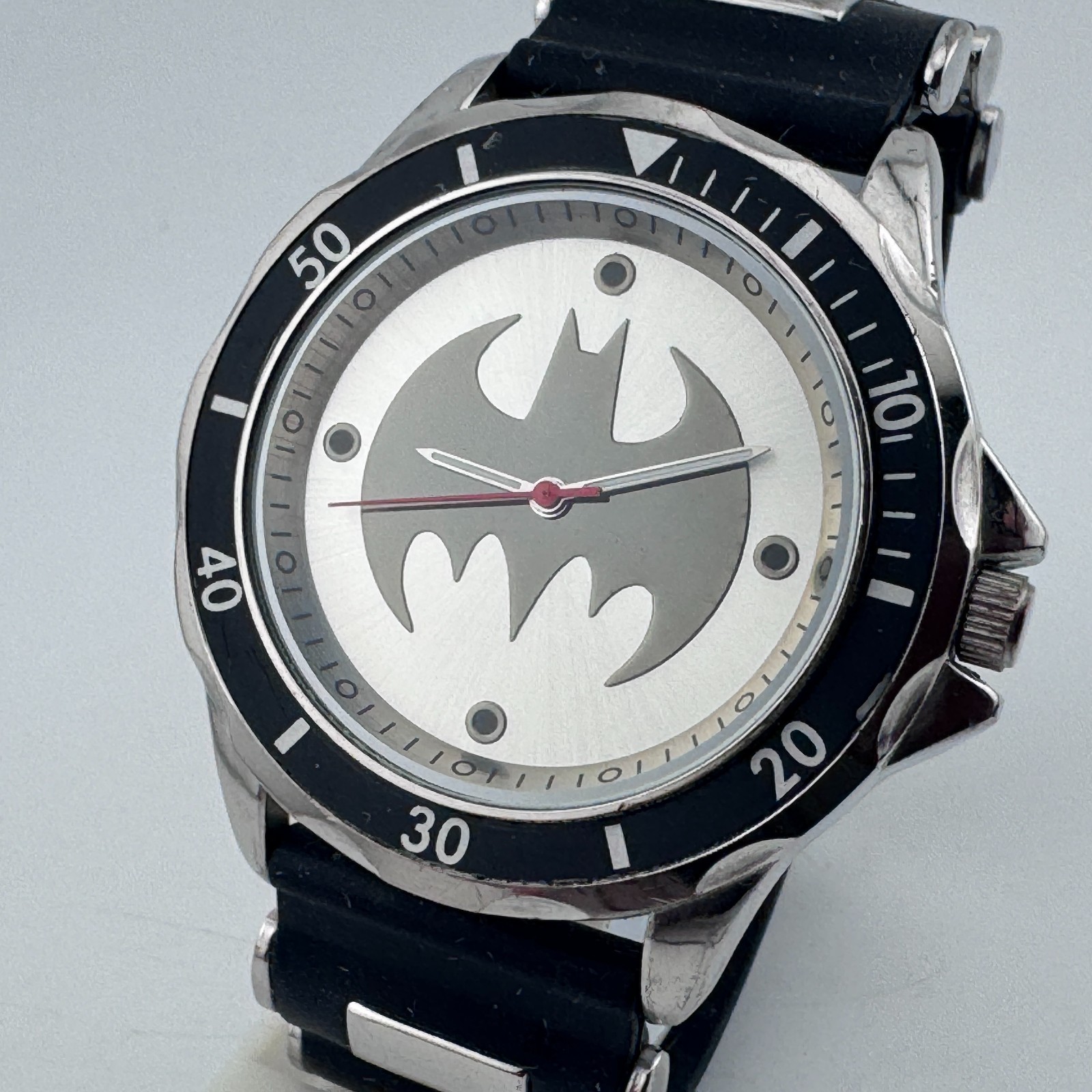Batman Accutime Japan Quartz Watch Men 44mm Silver Black Rubber New Battery