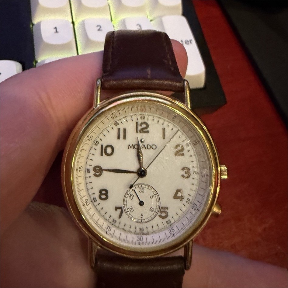 Movado Manual Mechanical Chronograph White Dial Arabic Gold Brown Leather